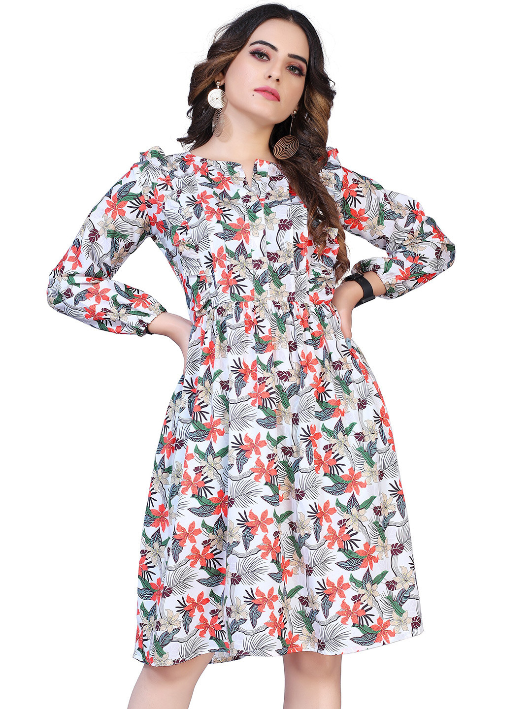 

mrutbaa Floral Print Crepe Fit & Flare Dress, Cream