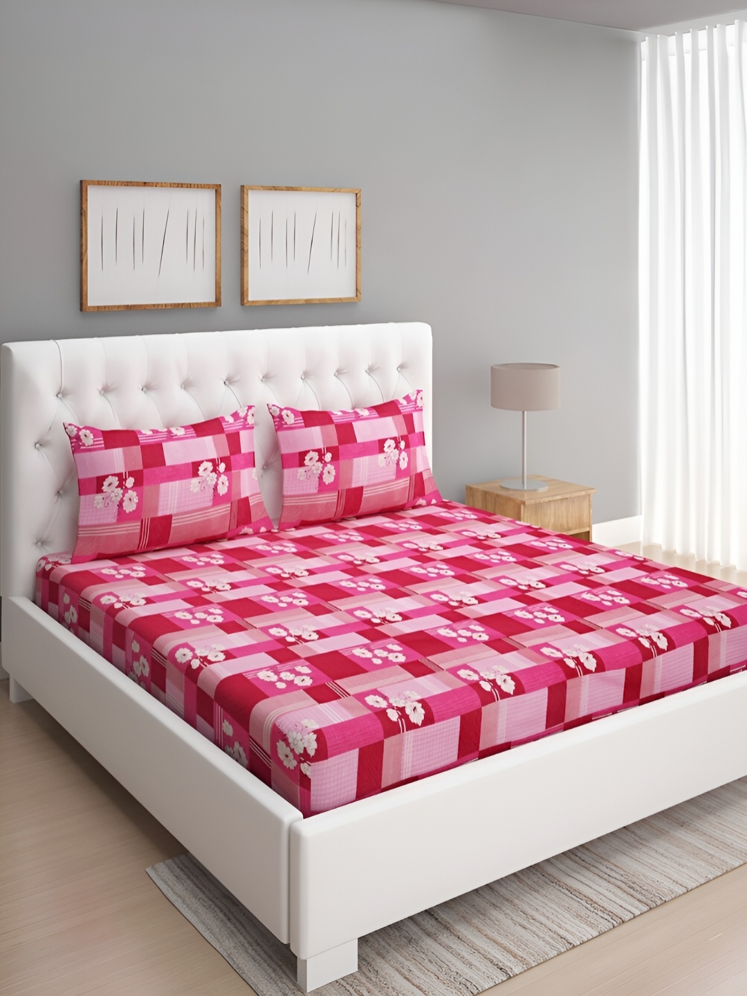 

Aura Pink Floral 144 TC Queen Microfiber Bedsheet With 2 Pillow Covers]
