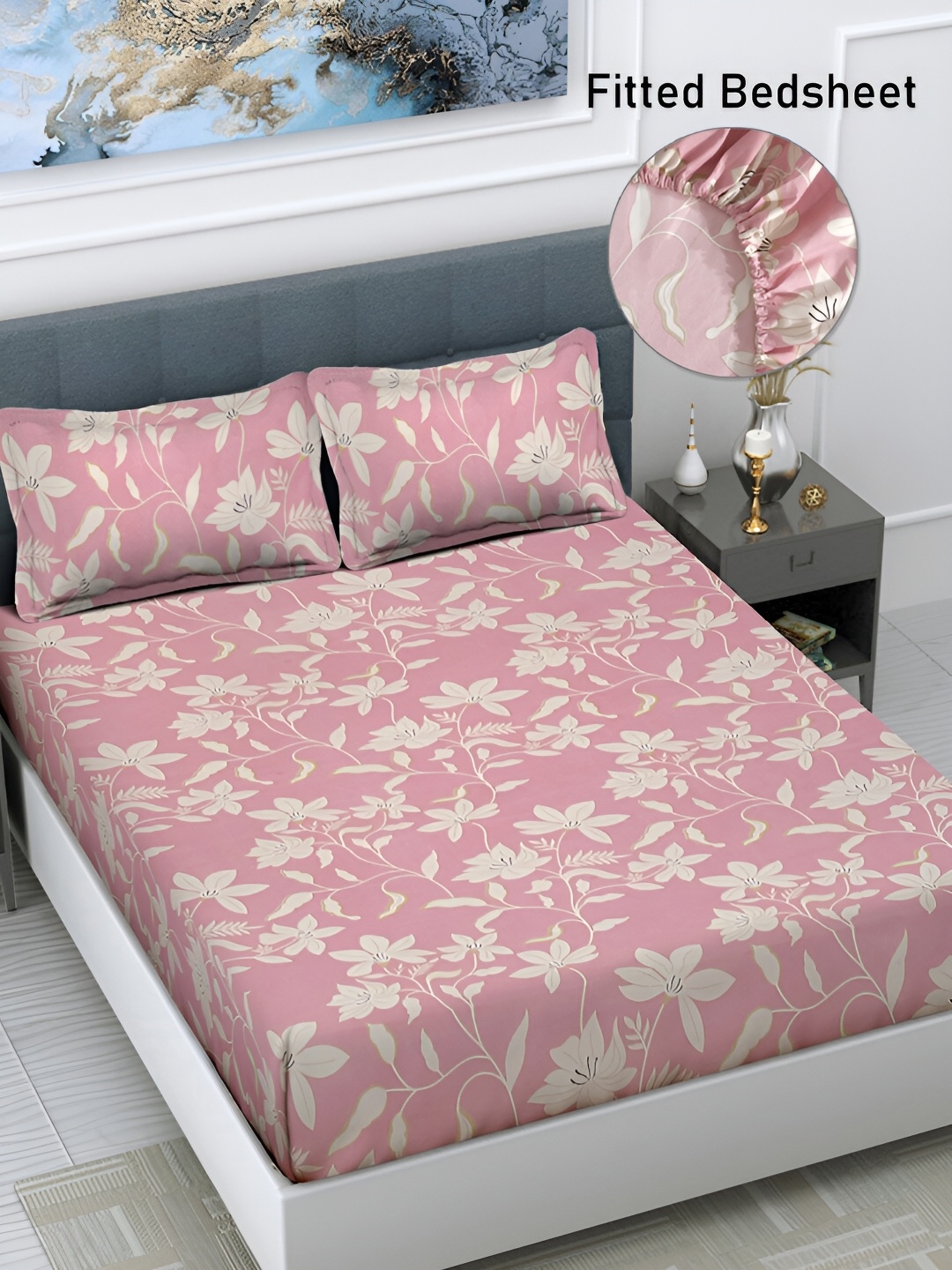 

FABINALIV Pink & White Floral Fitted 300 TC Super King Bedsheet With 2 Pillow Covers