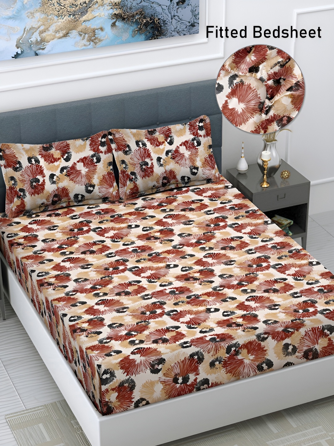 

FABINALIV Brown & Black Floral Print 300 TC Fitted Super King Bedsheet & 2 Pillow Covers