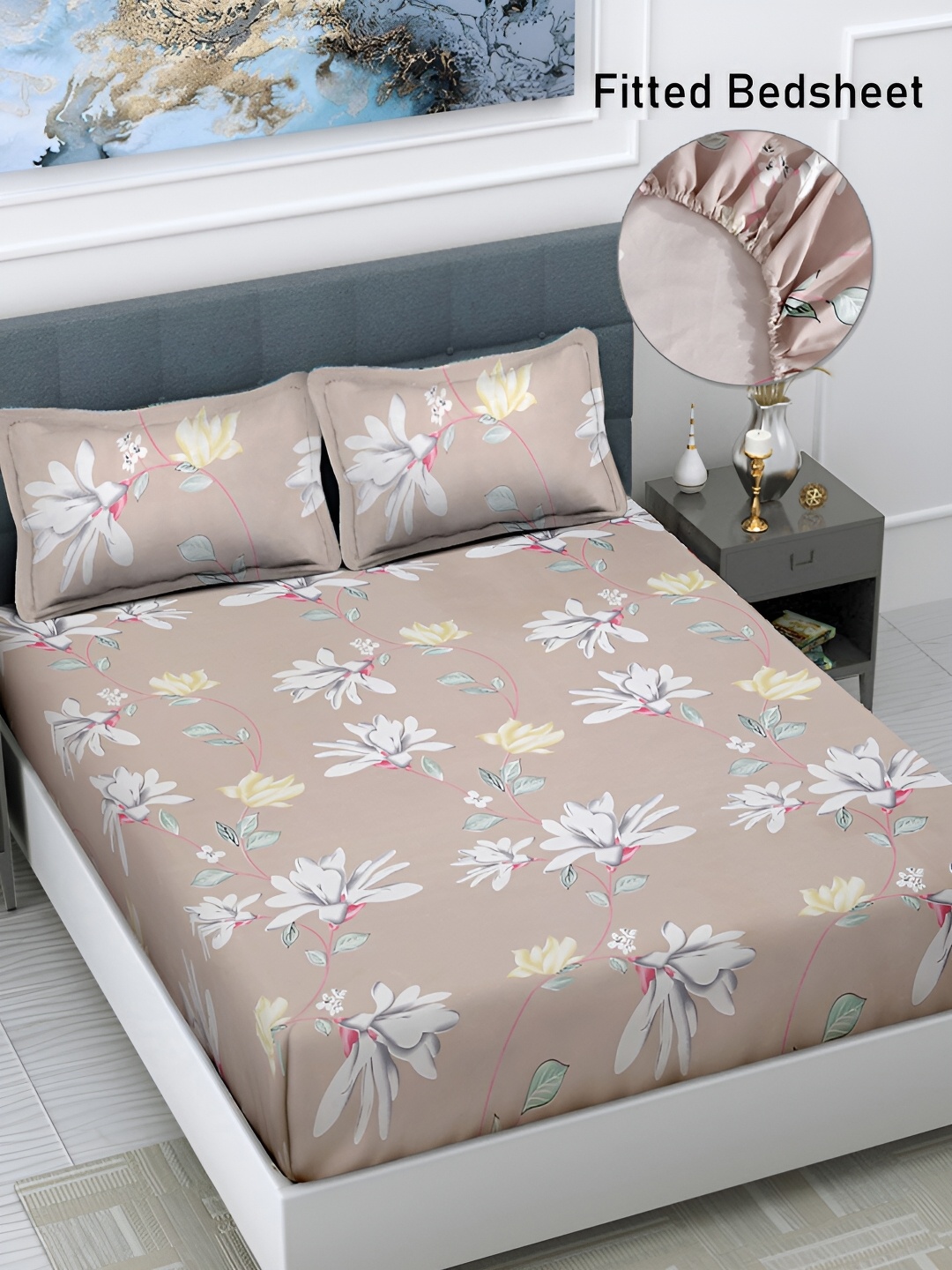 

FABINALIV Floral Print Fitted 300 TC Super King Bedsheet with 2 Pillow Covers, Beige