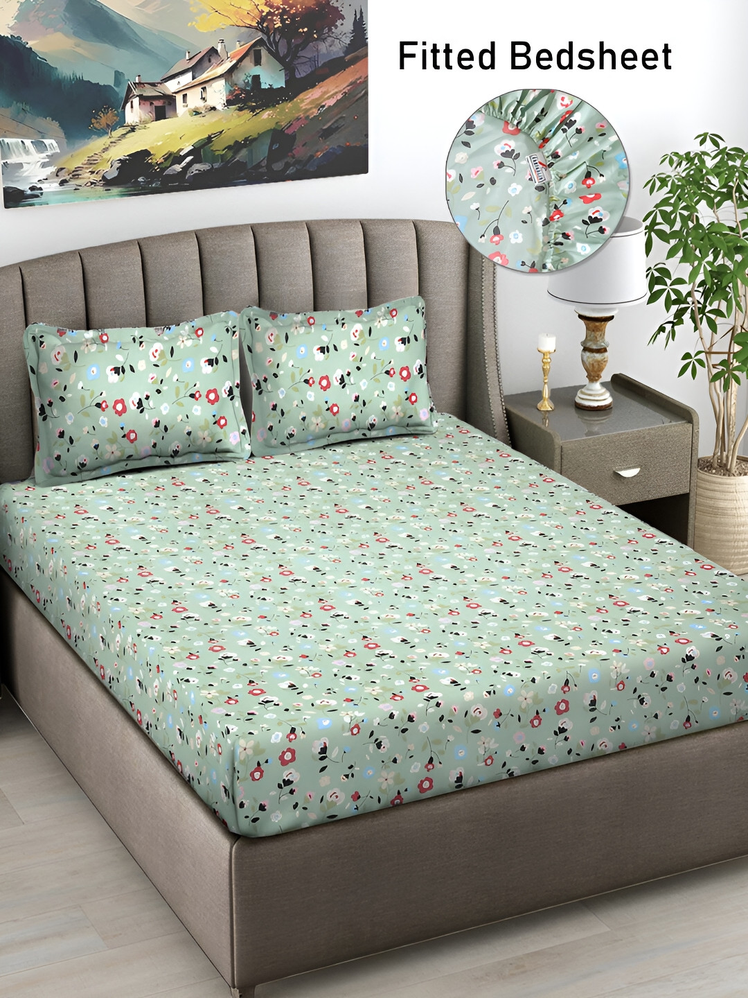 

FABINALIV Green & White Floral Print 300 TC Fitted Super King Bedsheet & 2 Pillow Covers