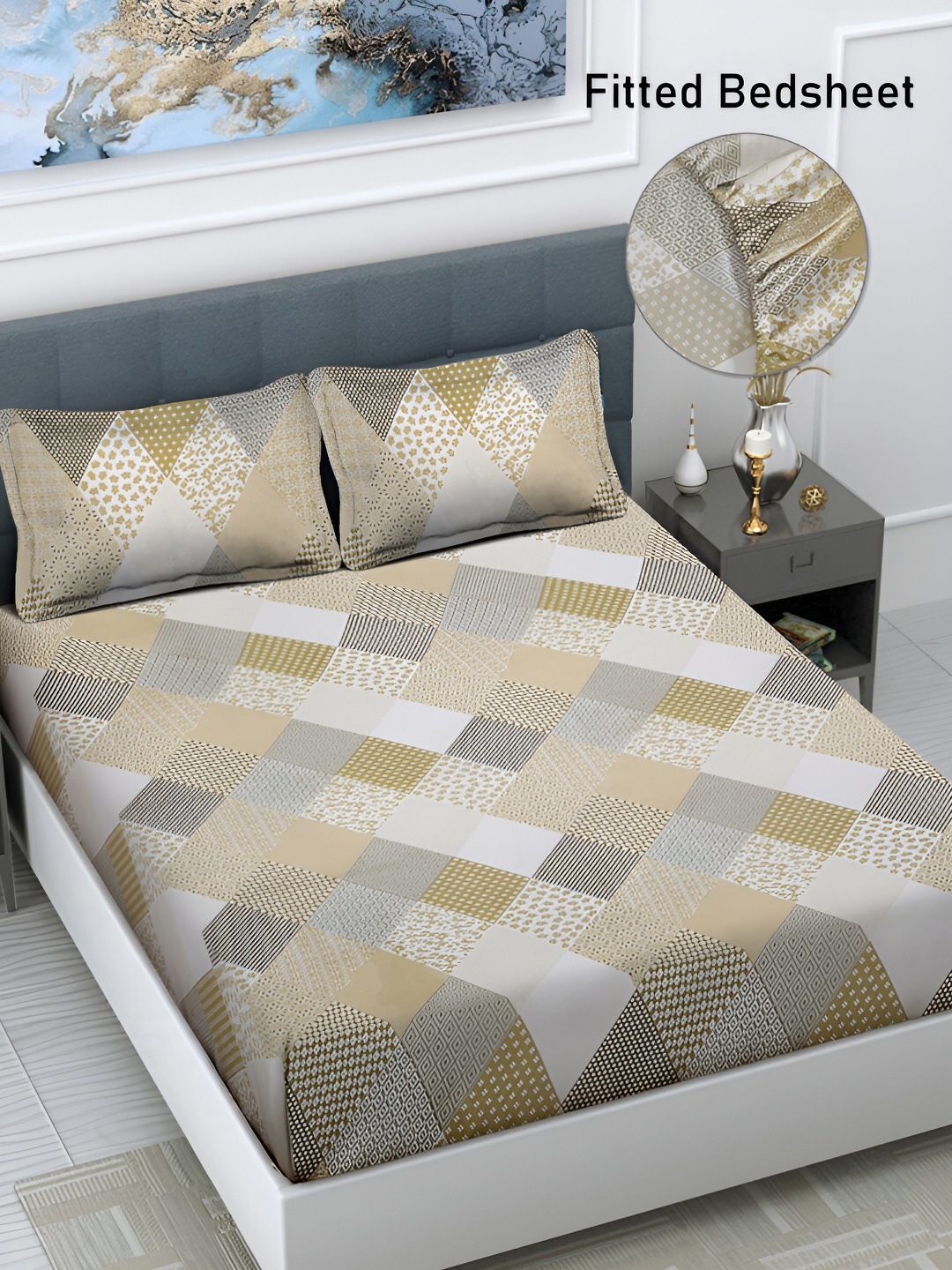 

FABINALIV Camel Brown Geometric Fitted 300 TC Super King Bedsheet with 2 Pillow Covers