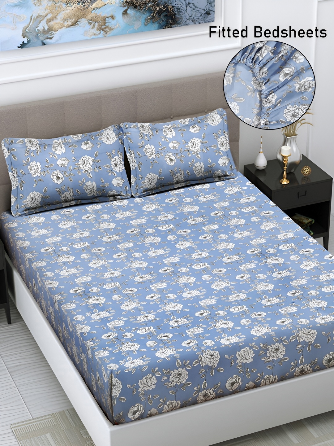 

FABINALIV Blue & Grey Floral Print 300 TC Fitted Super King Bedsheet & 2 Pillow Covers