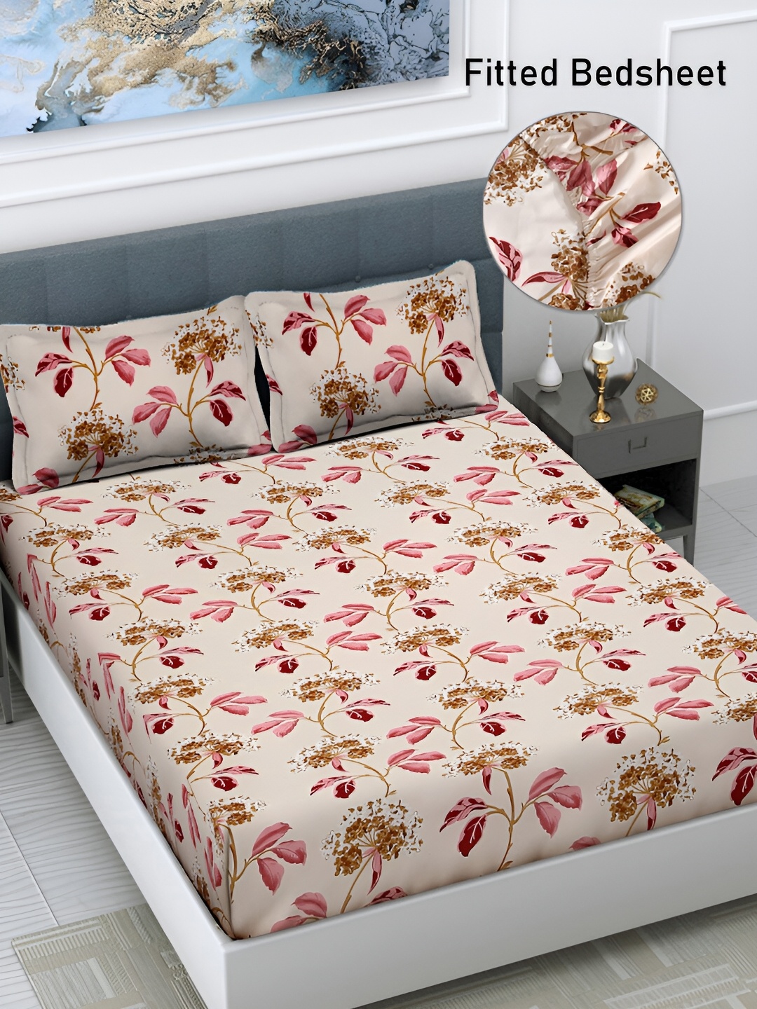 

FABINALIV Cream & Pink Floral Fitted 300 TC Super King Bedsheet With 2 Pillow Covers