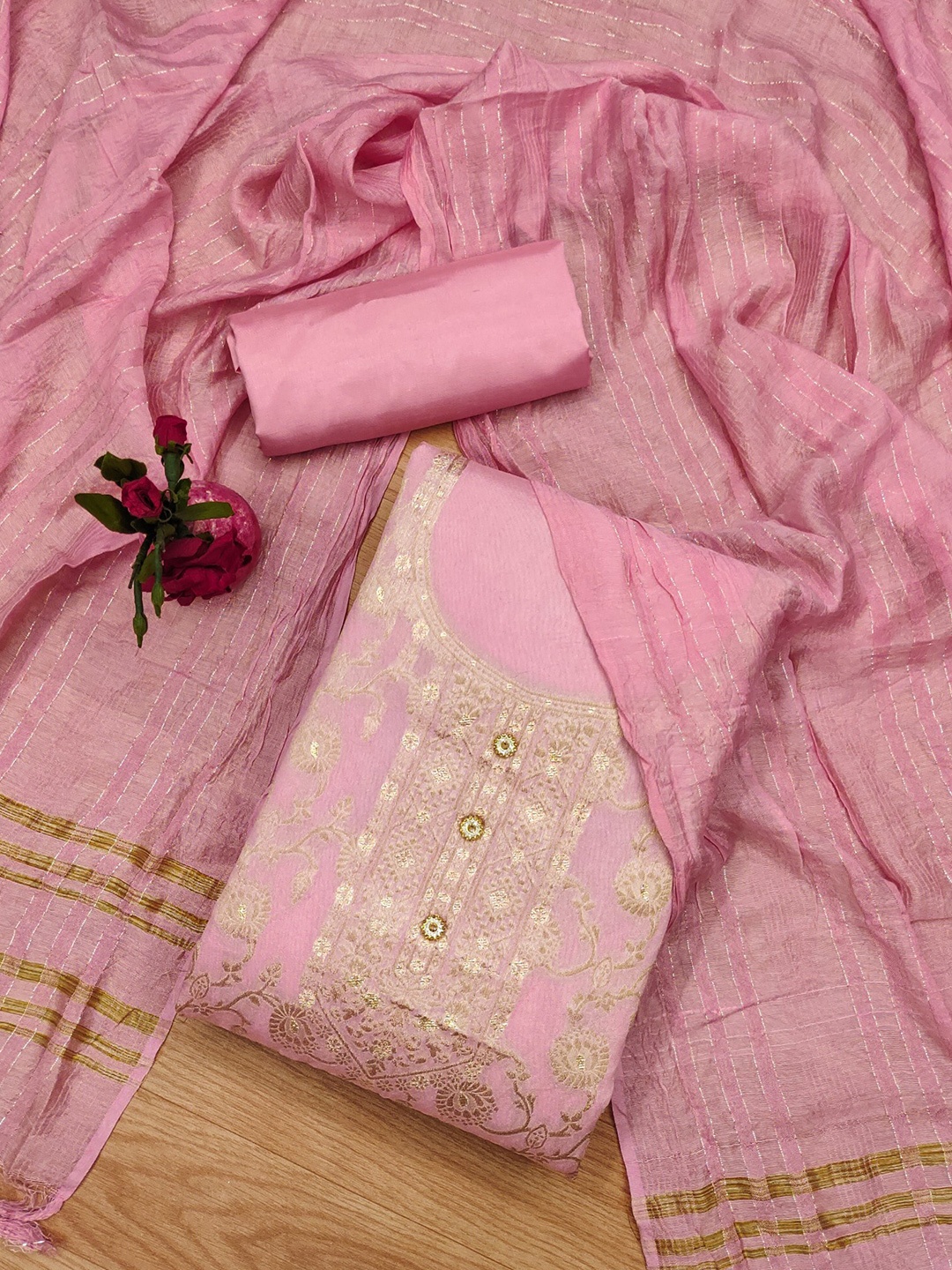 

KALINI Floral Woven Designed Unstitched Dress Material, Pink