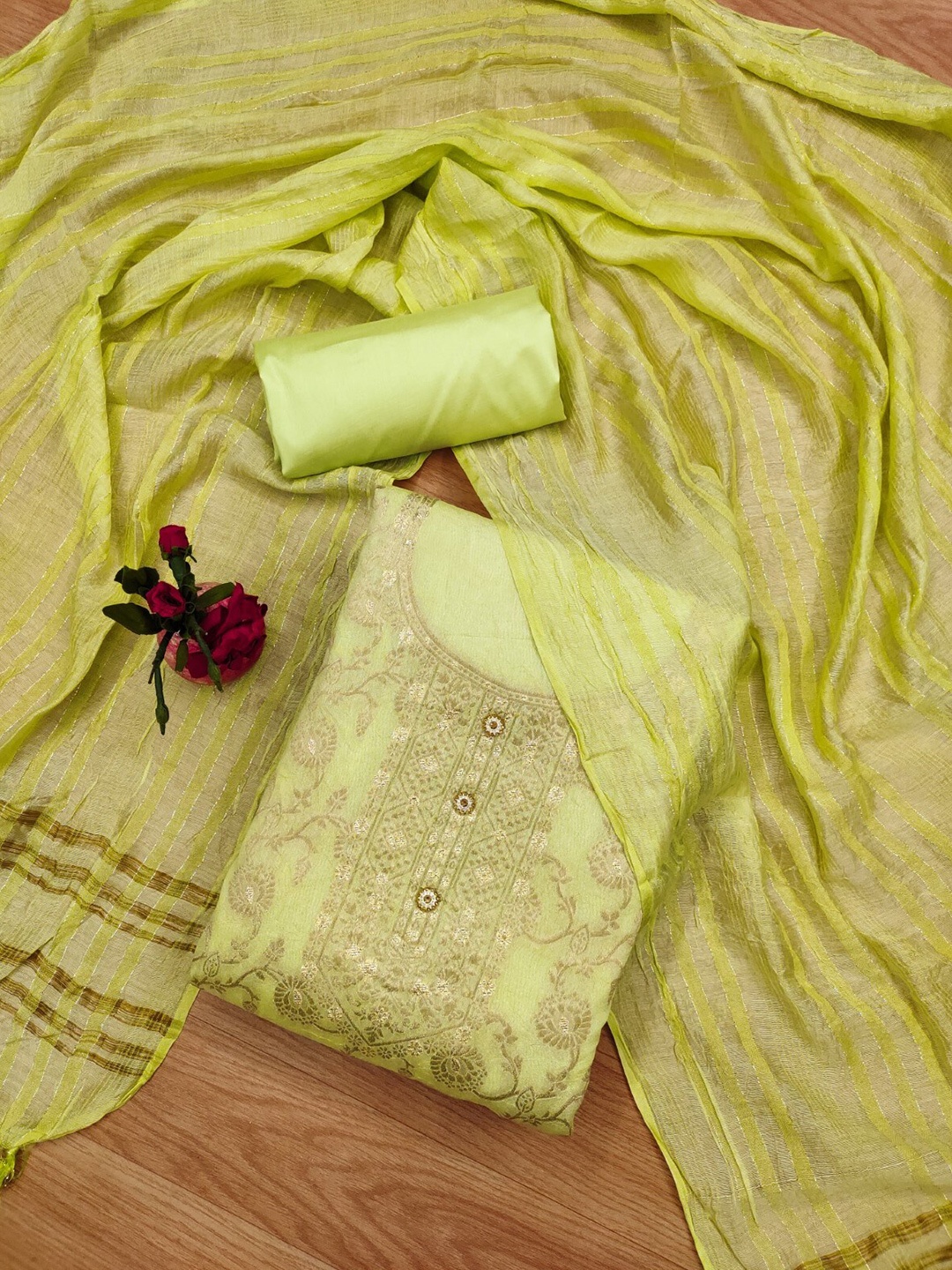 

KALINI Floral Woven Designed Unstitched Dress Material, Lime green