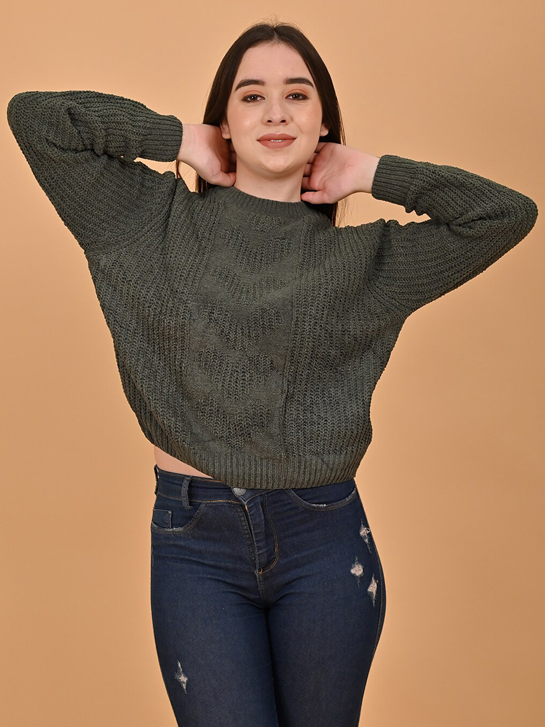 

NoBarr Open Knit Self Design High Neck Pullover Sweater, Green