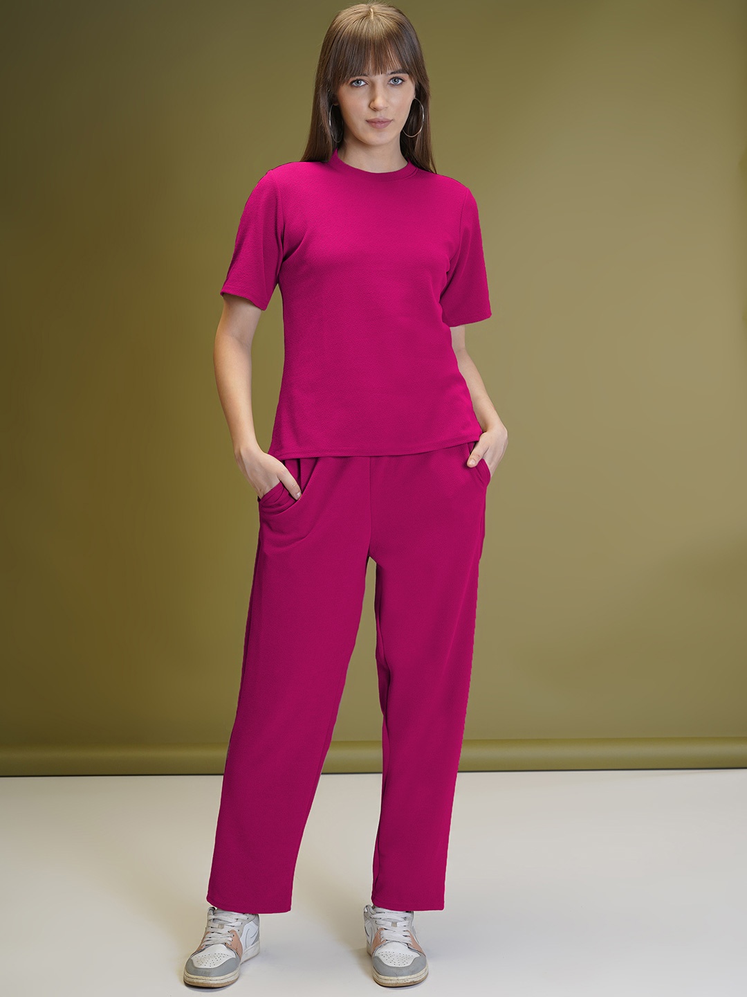 

WESTHOOD Round Neck Short Sleeves T-shirt & Trousers Co-Ords Set, Pink