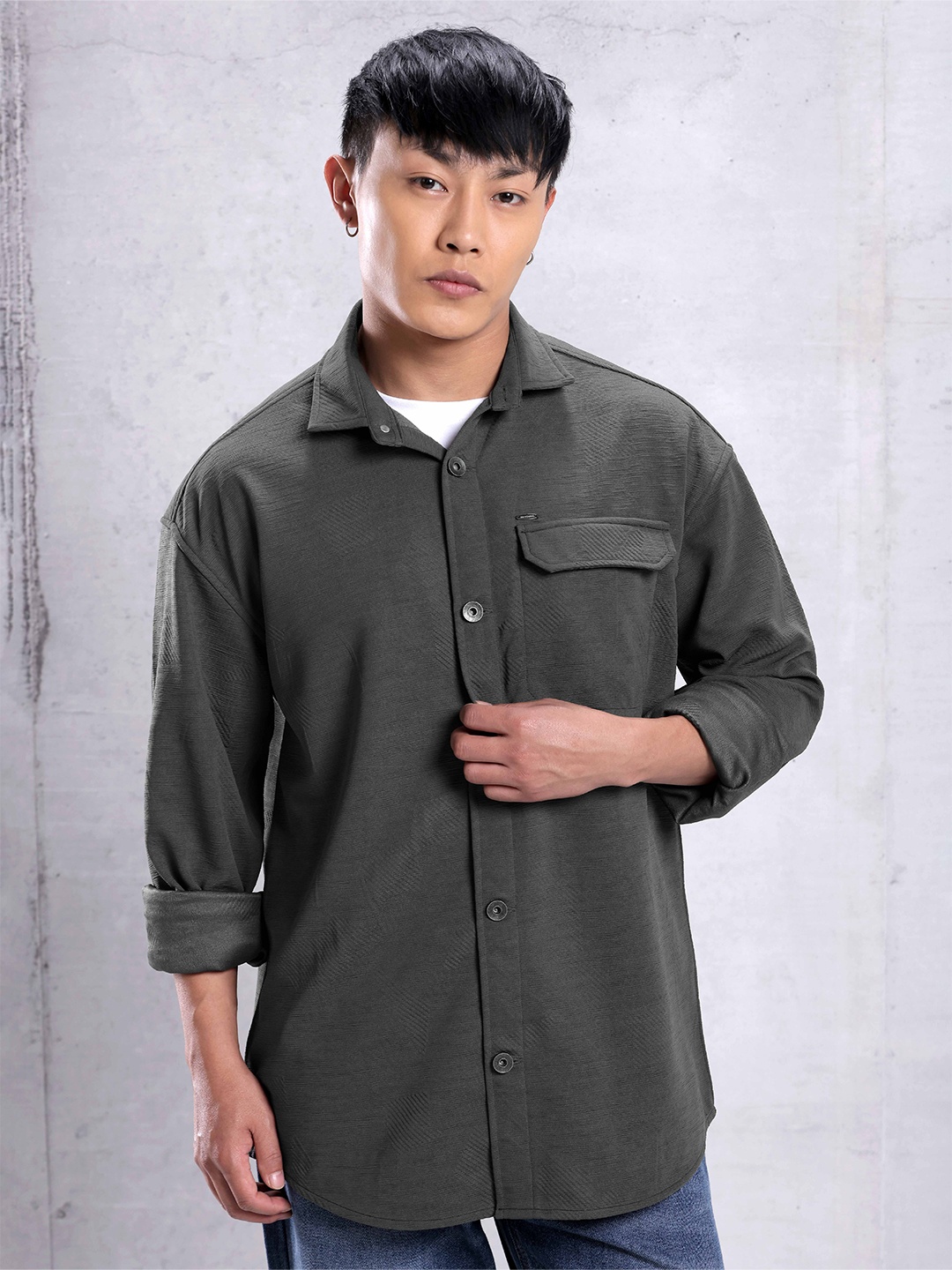 

Beyoung Relaxed Spread Collar Long Sleeves Textured Oversize Casual Urban Shirt, Grey