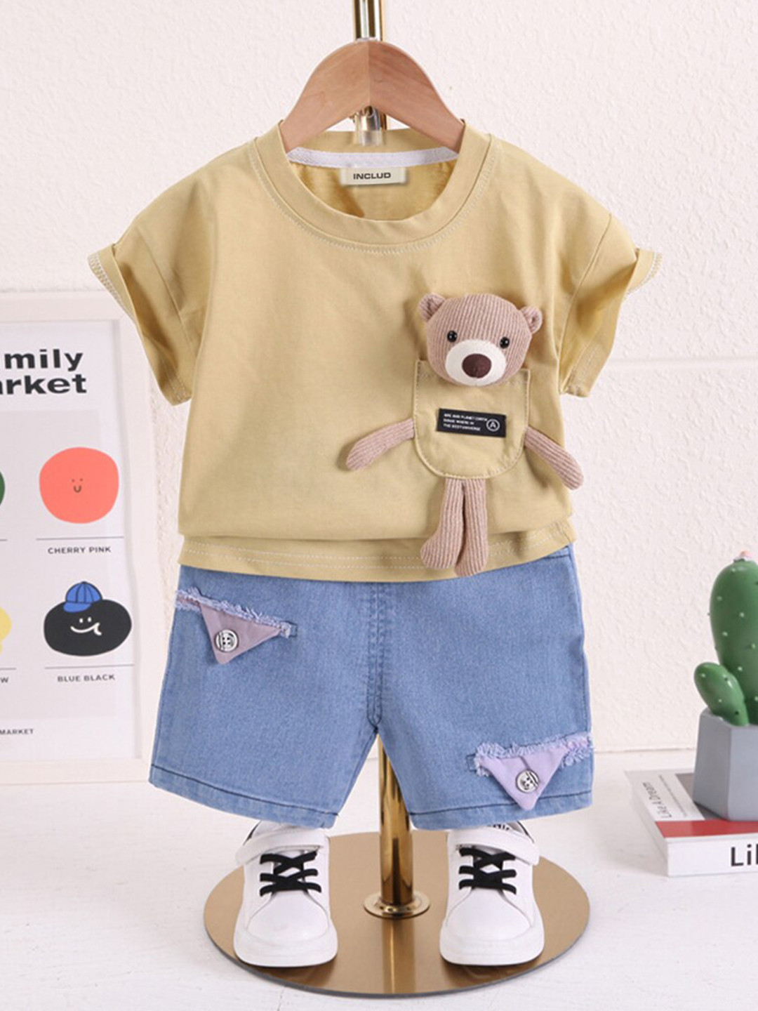 

INCLUD Boys Bear Applique T-shirt With Denim Shorts, Khaki
