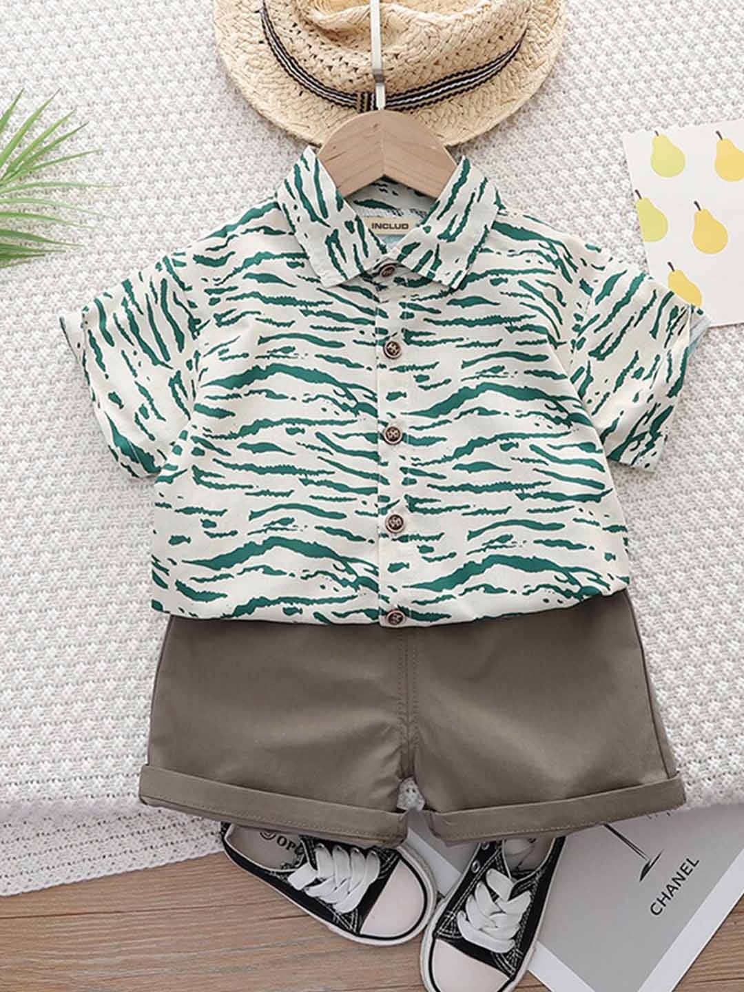 

INCLUD Boys Printed Pure Cotton Shirt with Shorts, Green