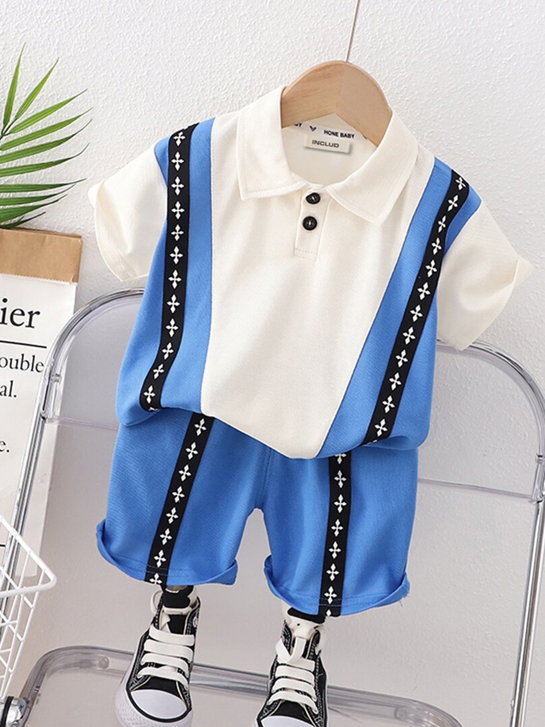 

INCLUD Boys Colourblocked Polo Collar Pure Cotton T-shirt with Shorts, Blue