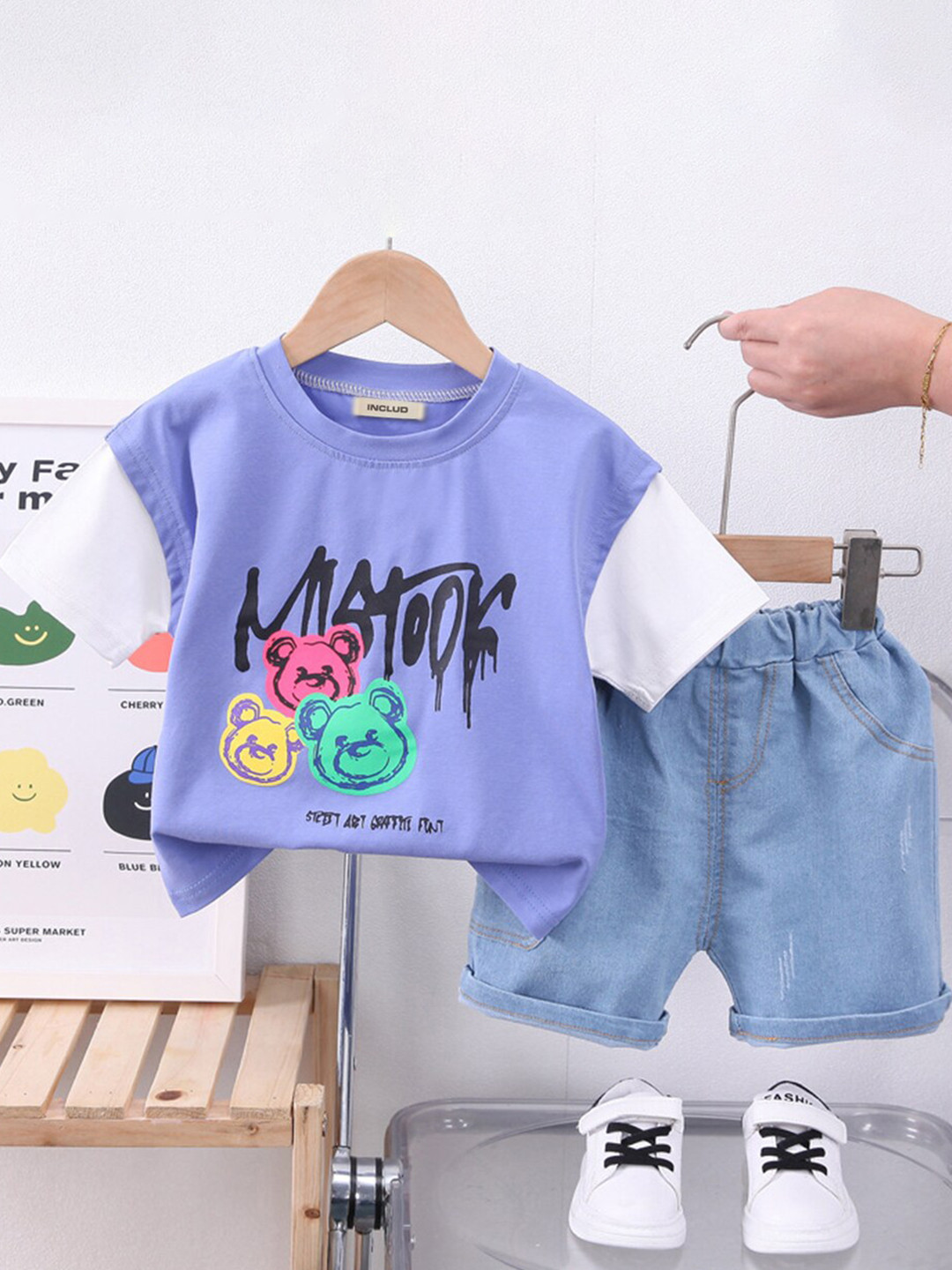 

INCLUD Boys Printed T-shirt with Denim Shorts, Blue