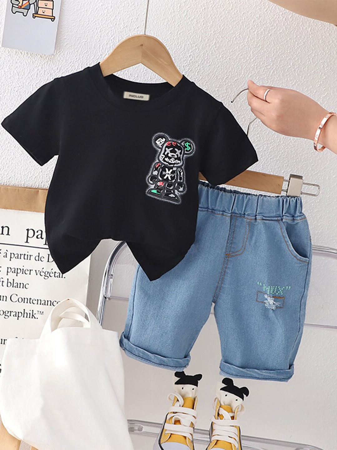 

INCLUD Boys Printed T-shirt with Denim Shorts, Black