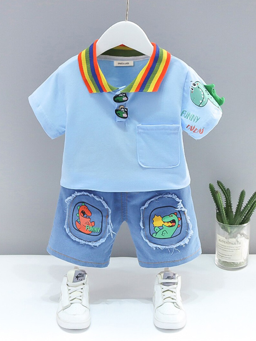 

INCLUD Boys Dinosaur Printed T-shirt With Denim Shorts, Blue