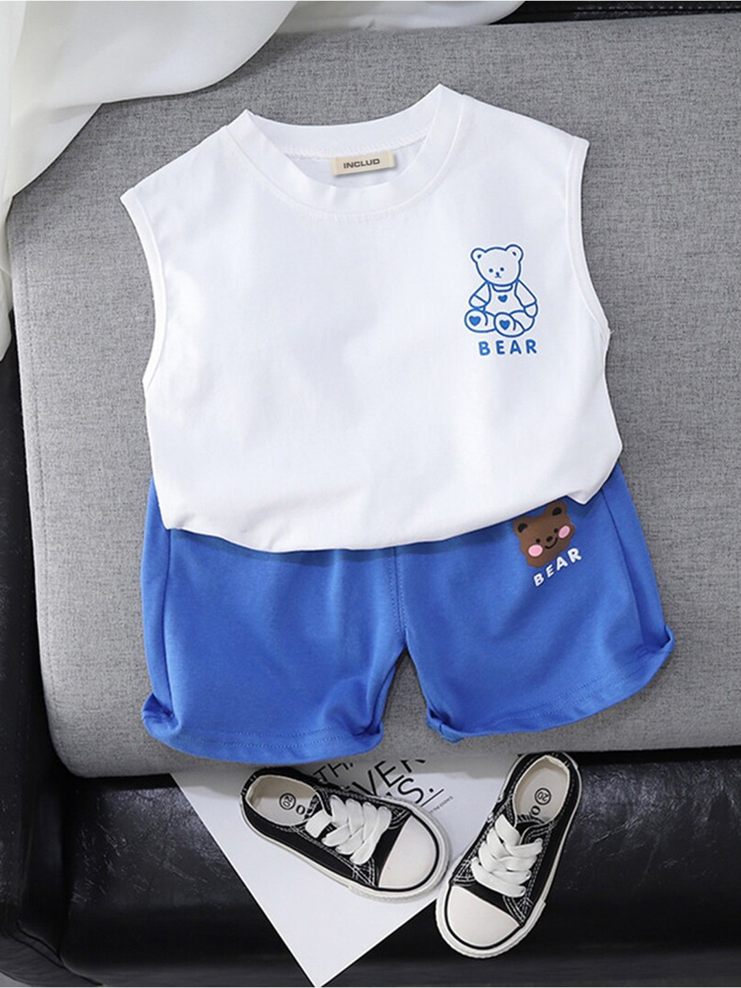 

INCLUD Boys Printed Sleeveless Cotton T-shirt With Shorts, White