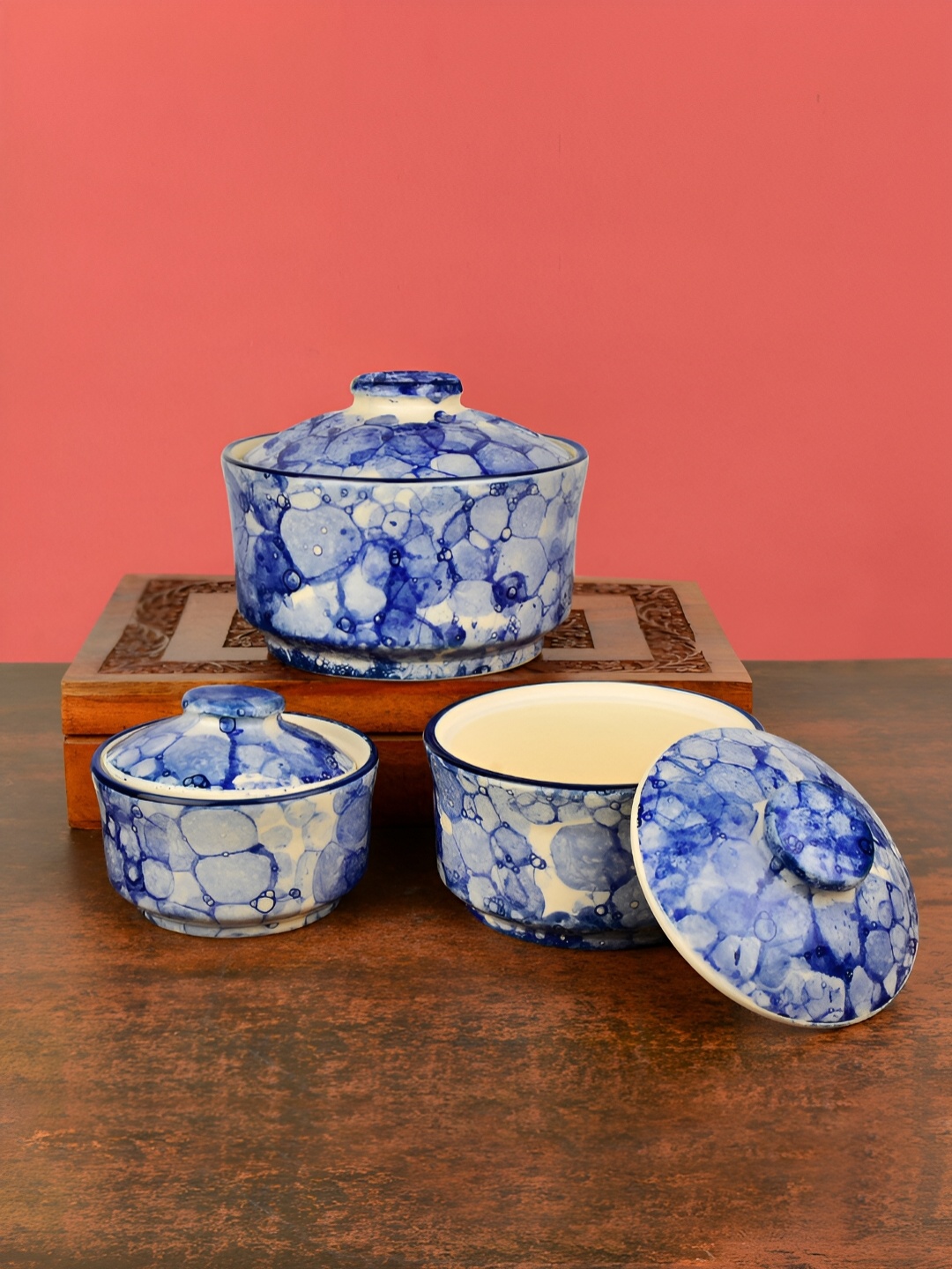 

StyleMyWay Blue & White 3 Pieces Printed Ceramic Microwave Safe Serving Casseroles