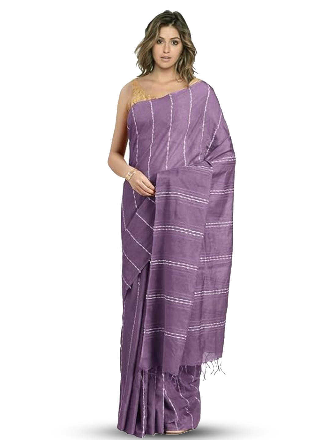 

INDIA SILK PWCS LTD Striped Silk Cotton Bhagalpuri Saree, Violet