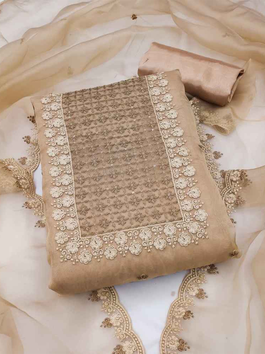 

faxofab Sequinned Organza Unstitched Dress Material, Beige