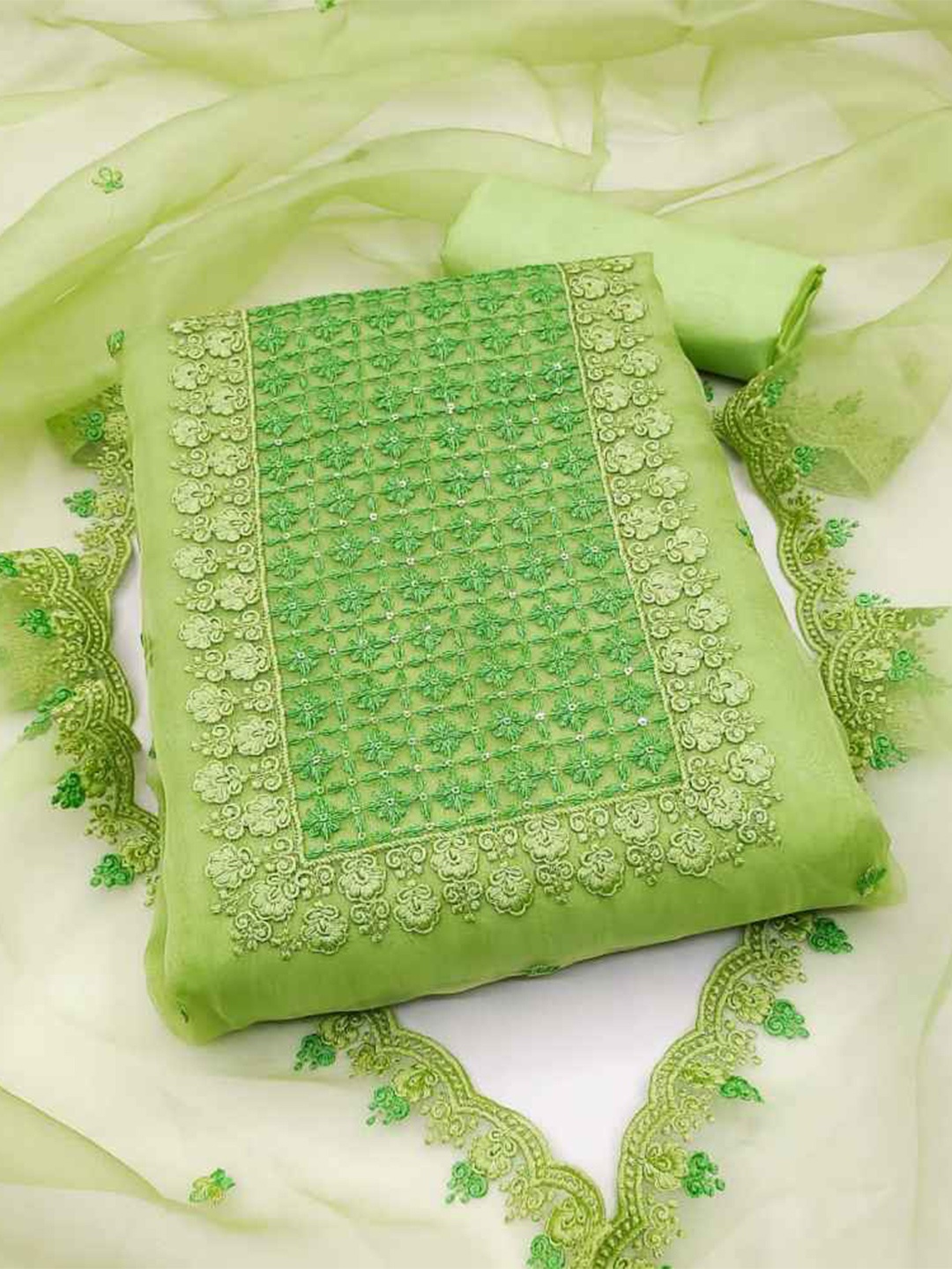

faxofab Sequinned Organza Unstitched Dress Material, Green
