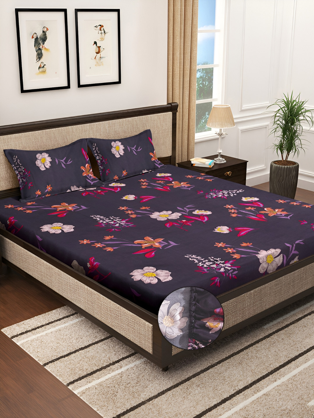 

KLOTTHE Blue Floral Printed 300TC Fitted Double King Bedsheet With 2 Pillow Covers