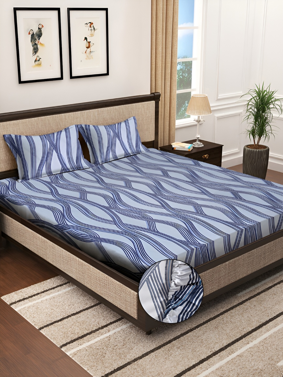 

KLOTTHE Blue Abstract Printed 300TC Fitted Double King Bedsheet With 2 Pillow Covers