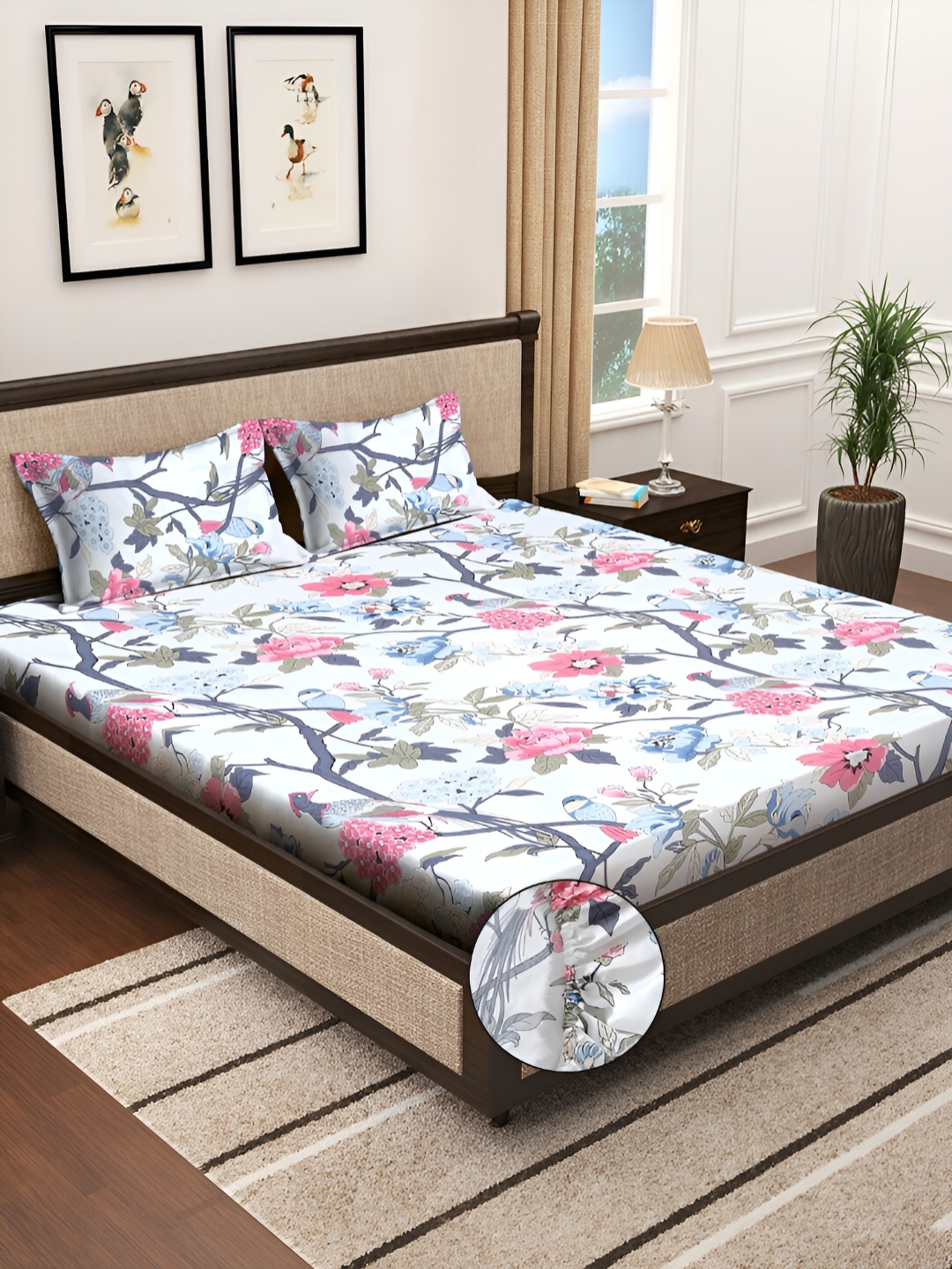 

KLOTTHE White Floral Printed 300TC Fitted Double King Bedsheet With 2 Pillow Covers
