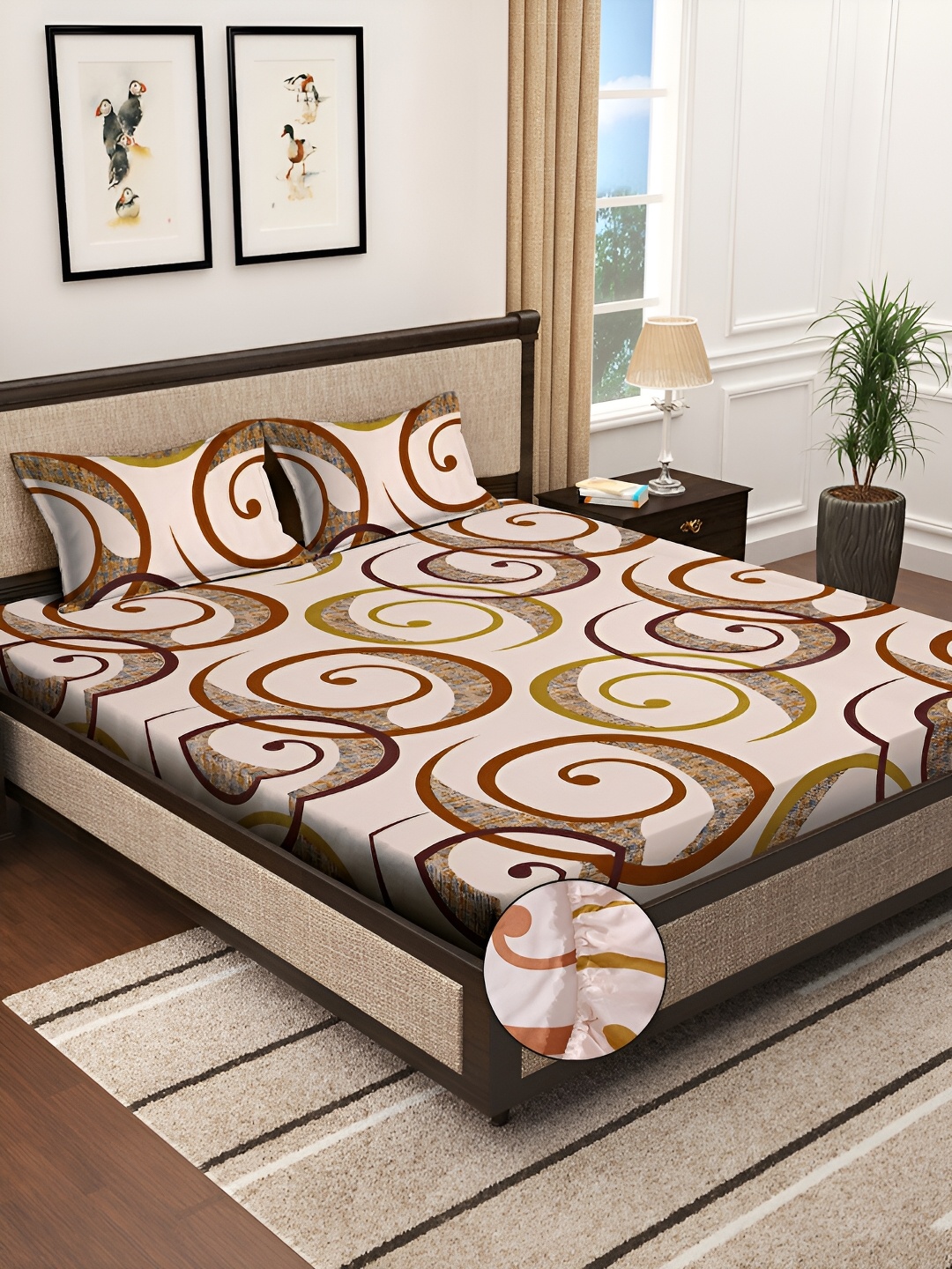 

KLOTTHE Brown Geometric Printed 300TC Fitted Double King Bedsheet With 2 Pillow Covers