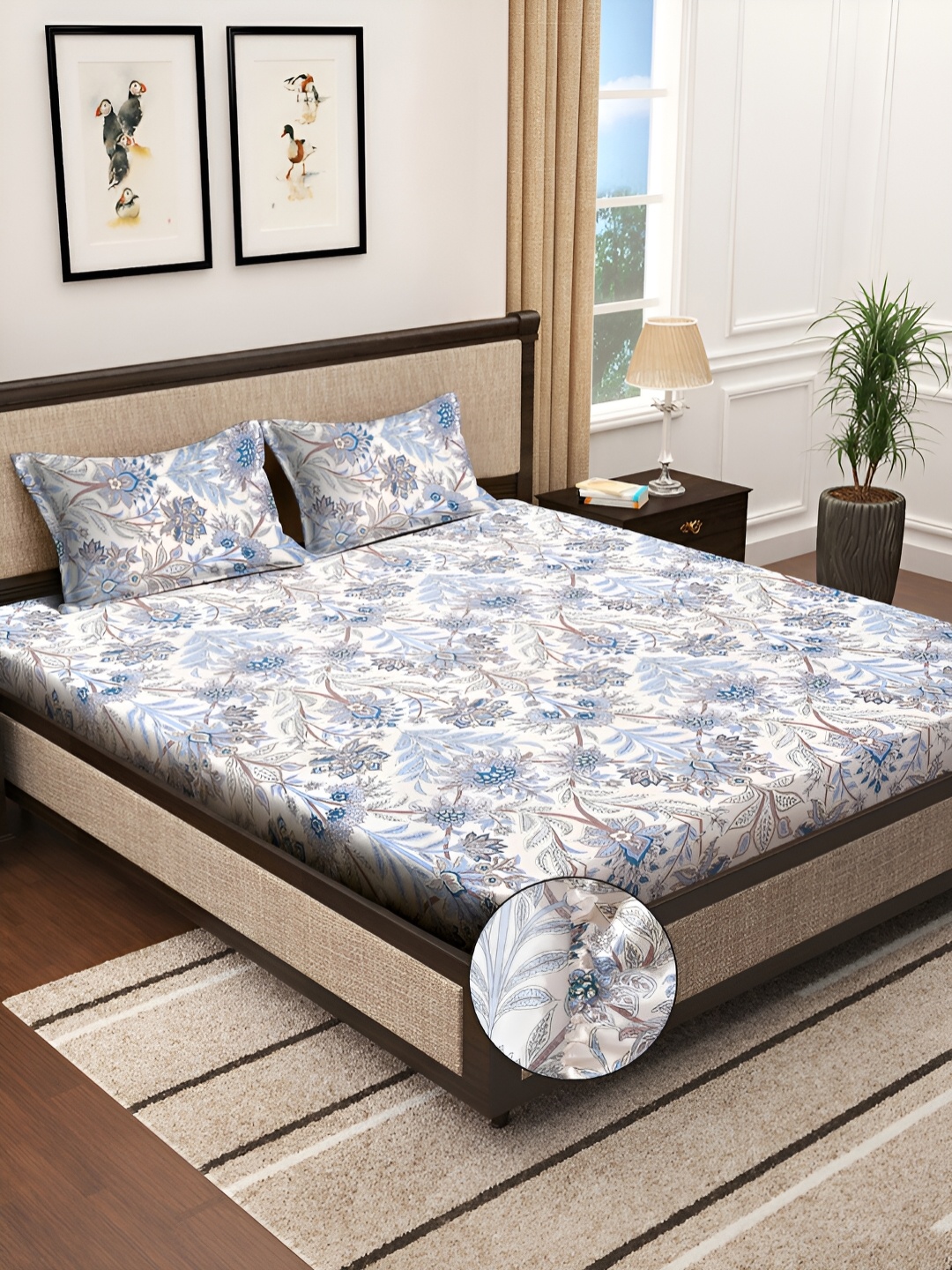 

KLOTTHE Blue Floral Printed 300TC Fitted Double King Bedsheet With 2 Pillow Covers