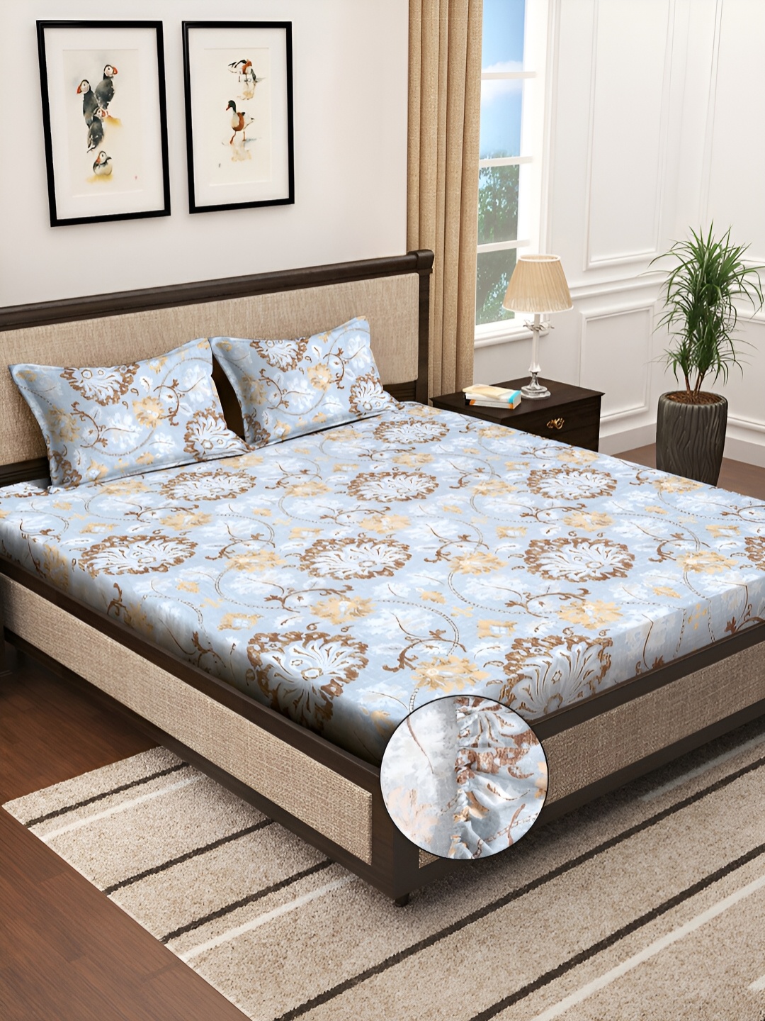 

KLOTTHE Blue Floral Printed 300TC Fitted Double King Bedsheet With 2 Pillow Covers