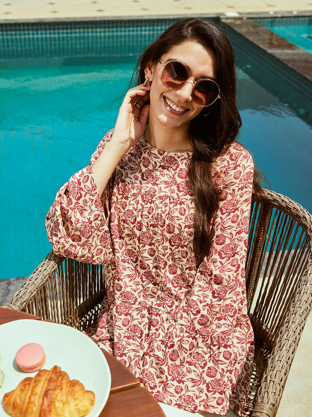 

Bombay High Women Floral Print Bell Sleeve Tiered Top, Beige