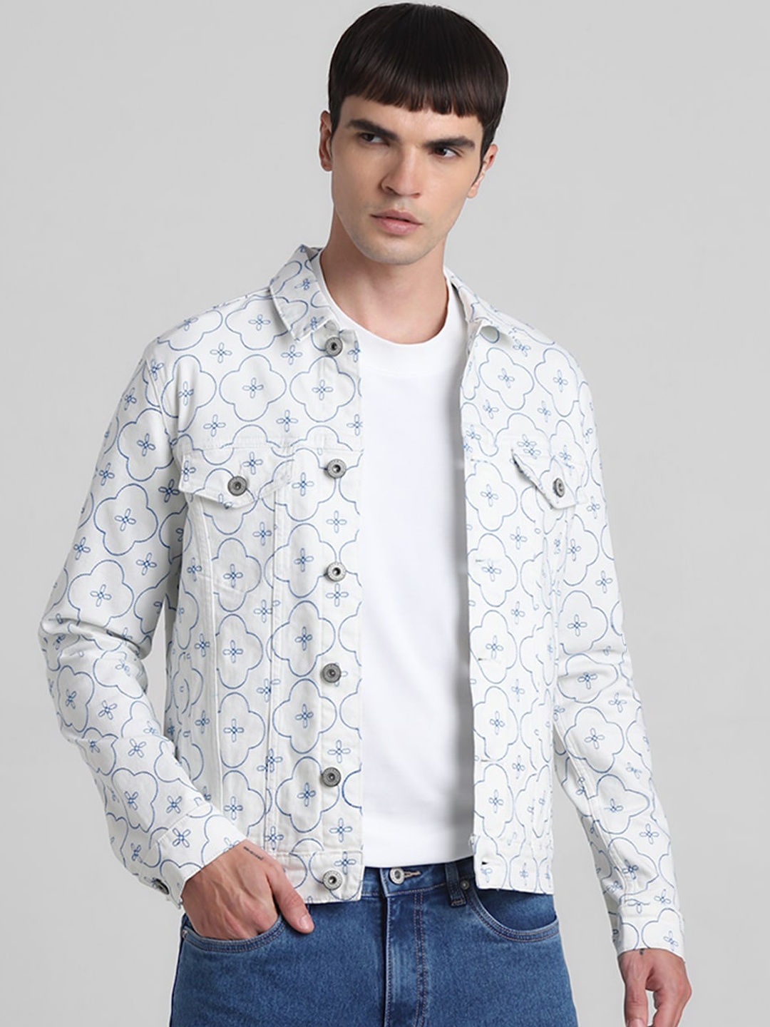 

Jack & Jones Geometric Printed Spread Collar Denim Jacket, White