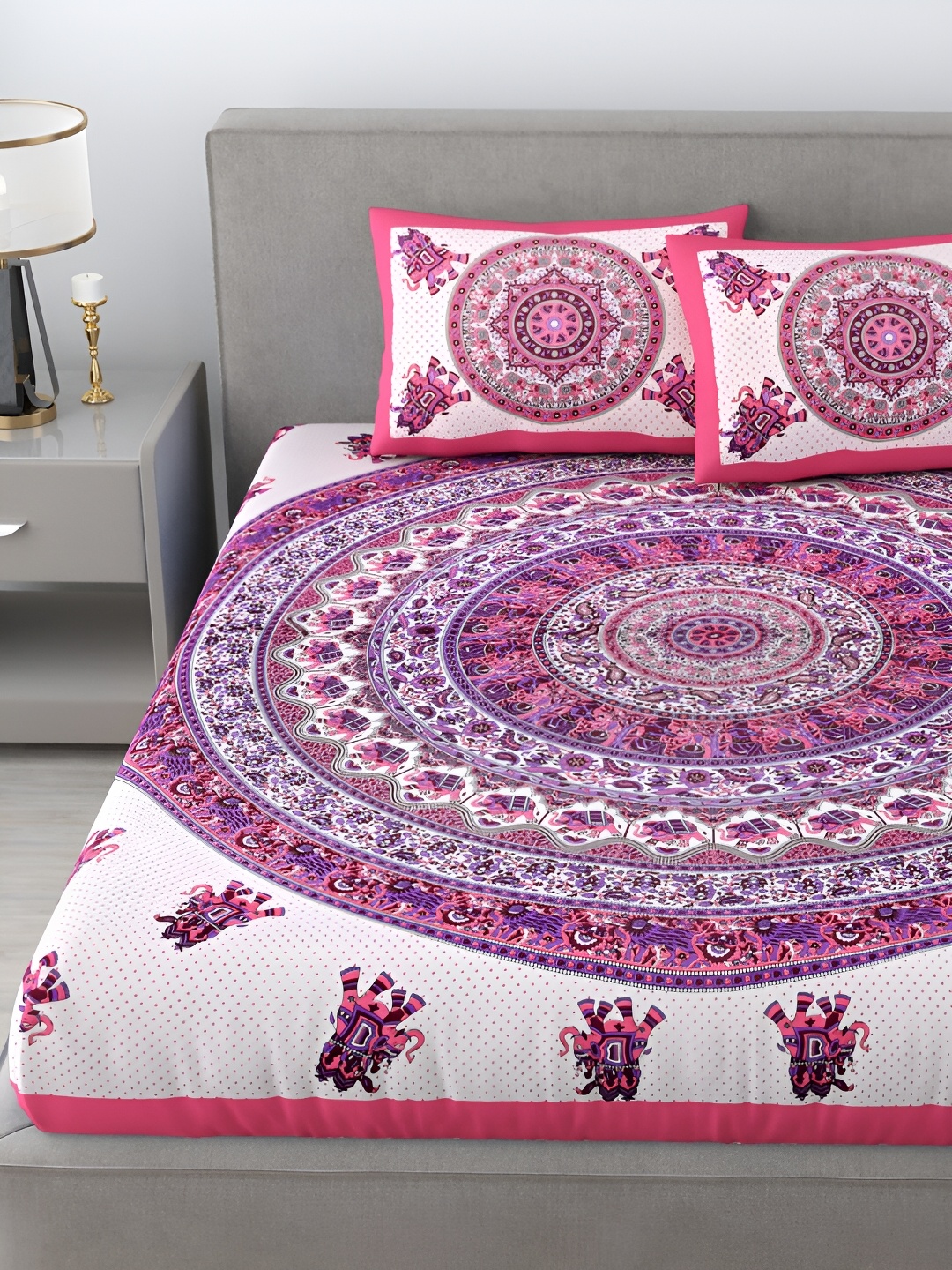 

Aura Pink & Purple Ethnic Motifs 144 TC Cotton Queen Bedsheet with 2 Pillow Covers