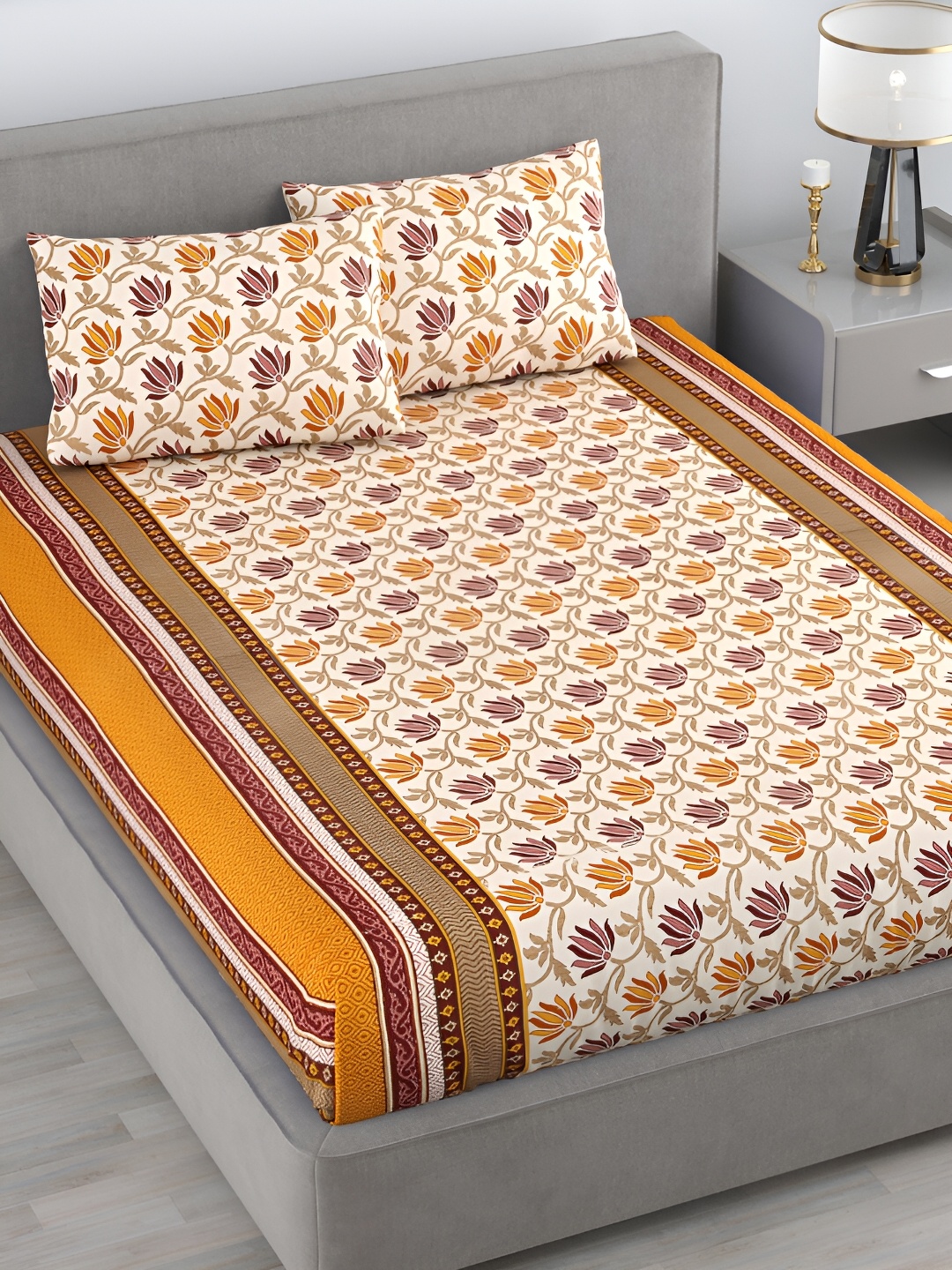 

Aura Brown Ethnic Motifs 144 TC Cotton Queen Bedsheet with 2 Pillow Covers