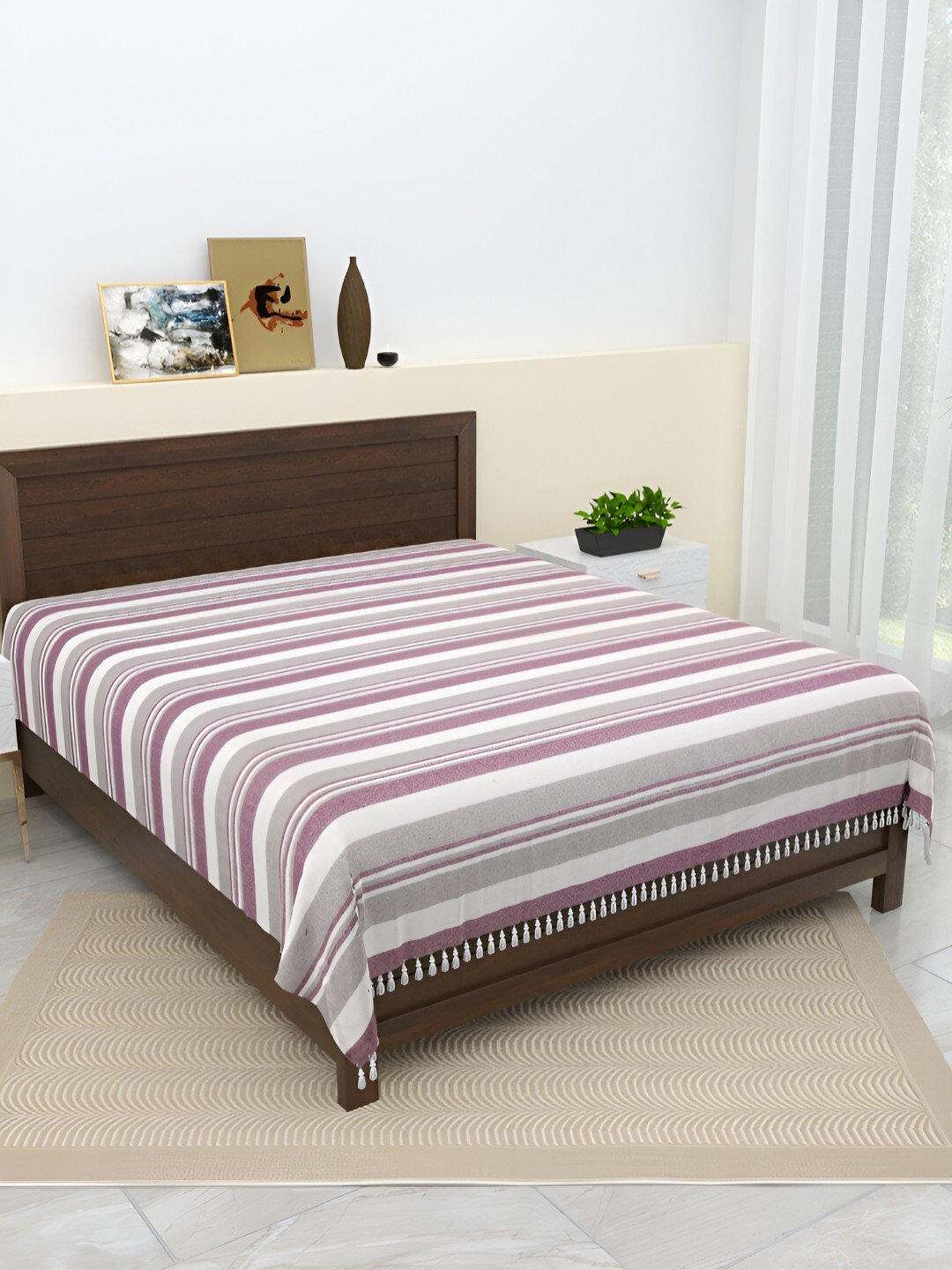 

Aura Purple & White Striped 144 TC Cotton Queen Bedsheet with Pillow Covers
