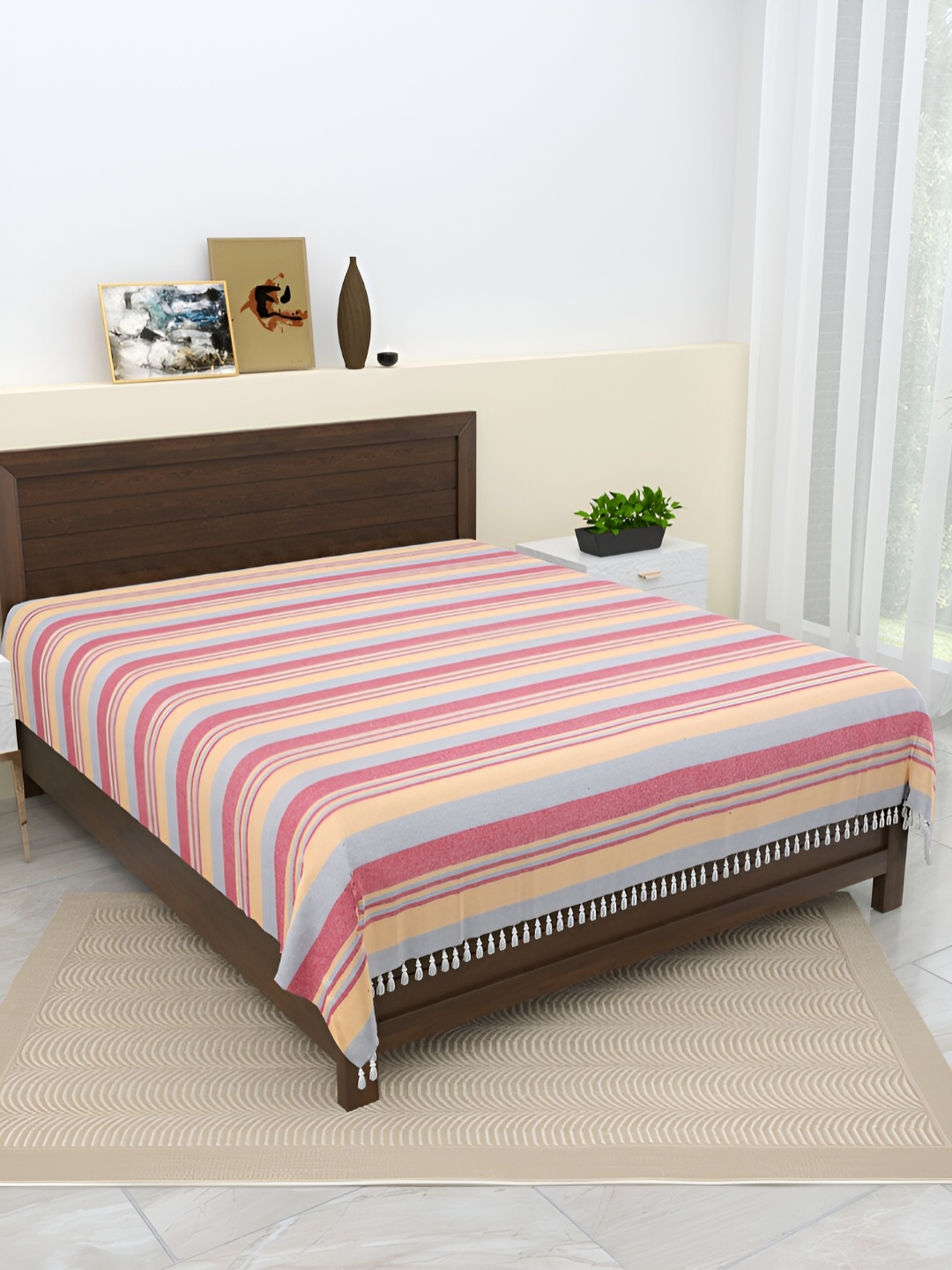 

Aura Peach Coloured & Blue Striped 144 TC Cotton Queen Bedsheet with Pillow Covers