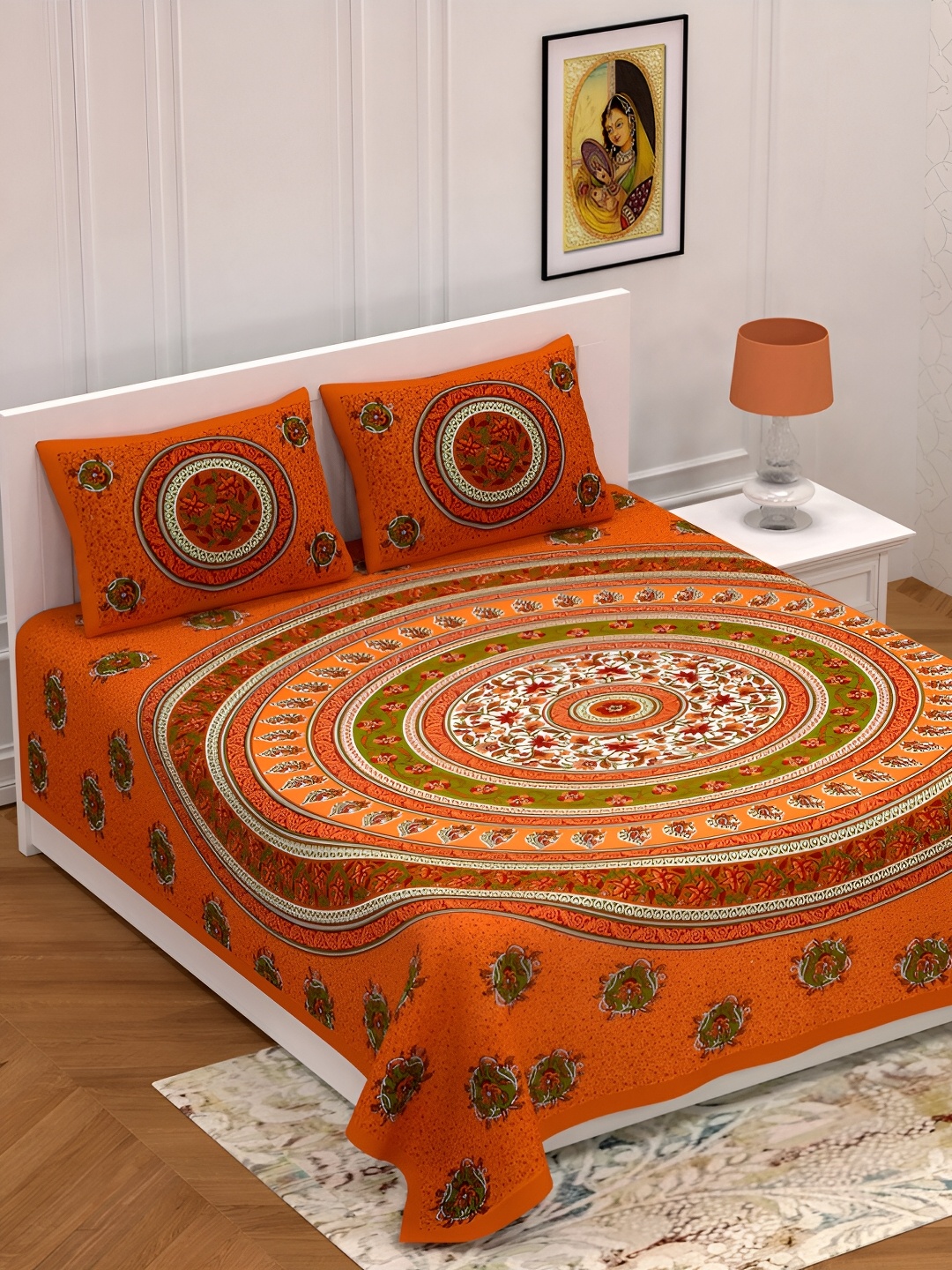 

POORAK Orange & Green Ethnic Motifs Cotton 104 TC Queen Bedsheet with 2 Pillow Covers