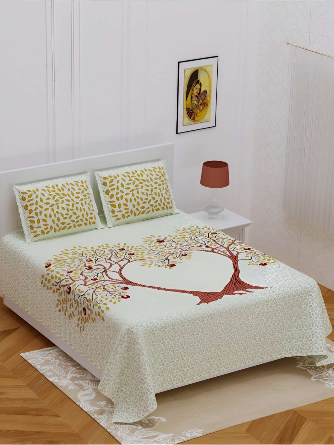 

POORAK Yellow & Brown Floral 104 TC Cotton Queen Bedsheet With 2 Pillow Covers