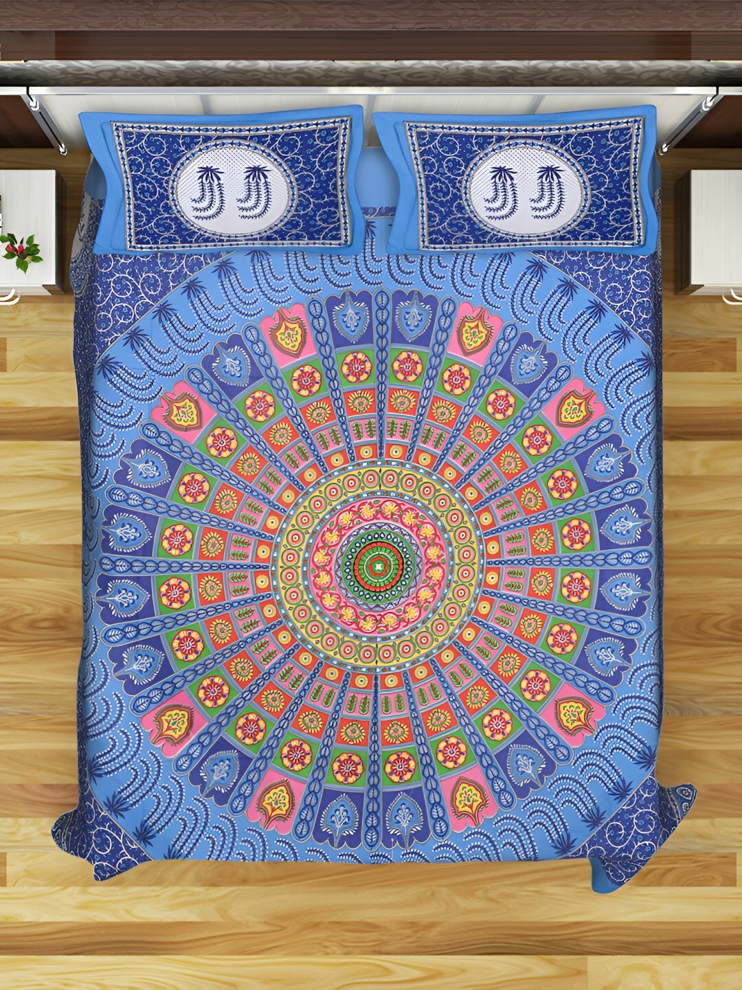 

POORAK Blue & Green Ethnic Motifs Cotton 104 TC Queen Bedsheet With 2 Pillow Covers