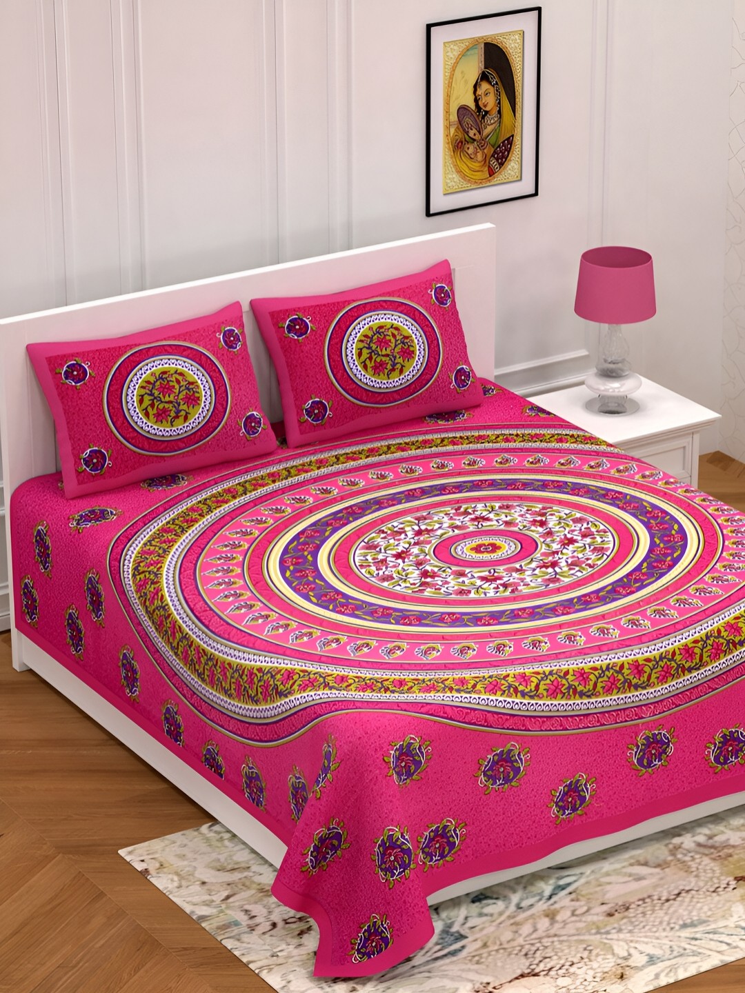 

POORAK Pink & White Ethnic Motifs 104 TC Cotton Queen Bedsheet With 2 Pillow Covers