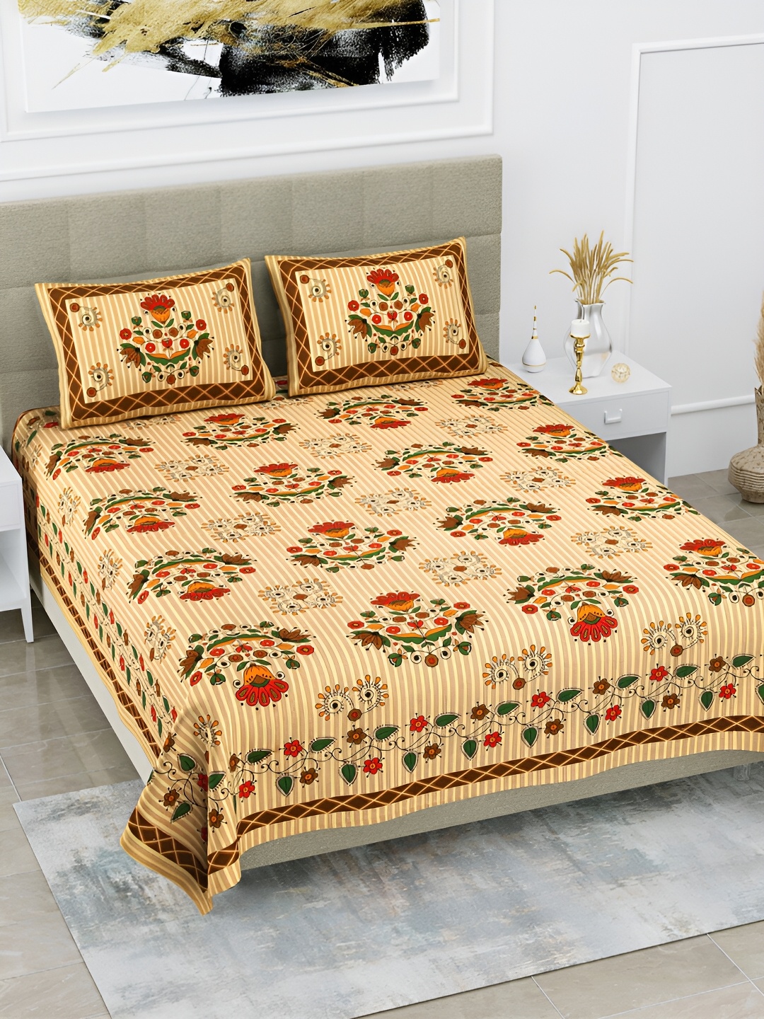 

POORAK Brown & Green Floral Cotton 104 TC Queen Bedsheet with 2 Pillow Covers