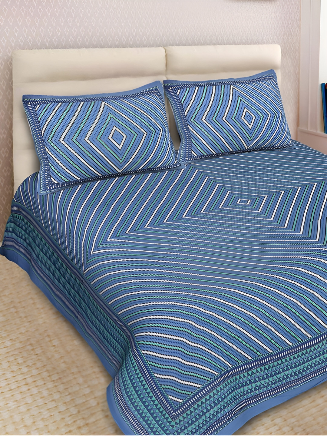 

POORAK Blue & White Striped 104 TC Cotton Queen Bedsheet With 2 Pillow Covers