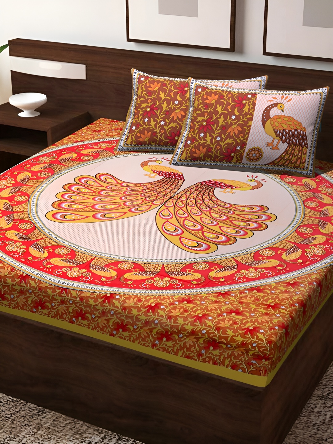 

POORAK Yellow & White Ethnic Motifs 104 TC Cotton Queen Bedsheet With 2 Pillow Covers