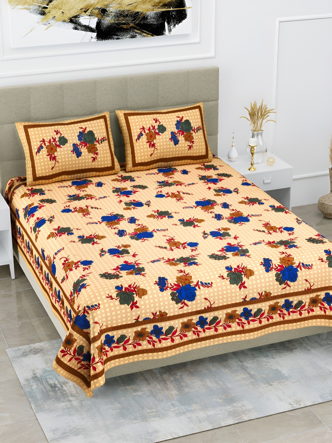 

POORAK Blue & Beige Floral 104 TC Cotton Queen Bedsheet With 2 Pillow Covers