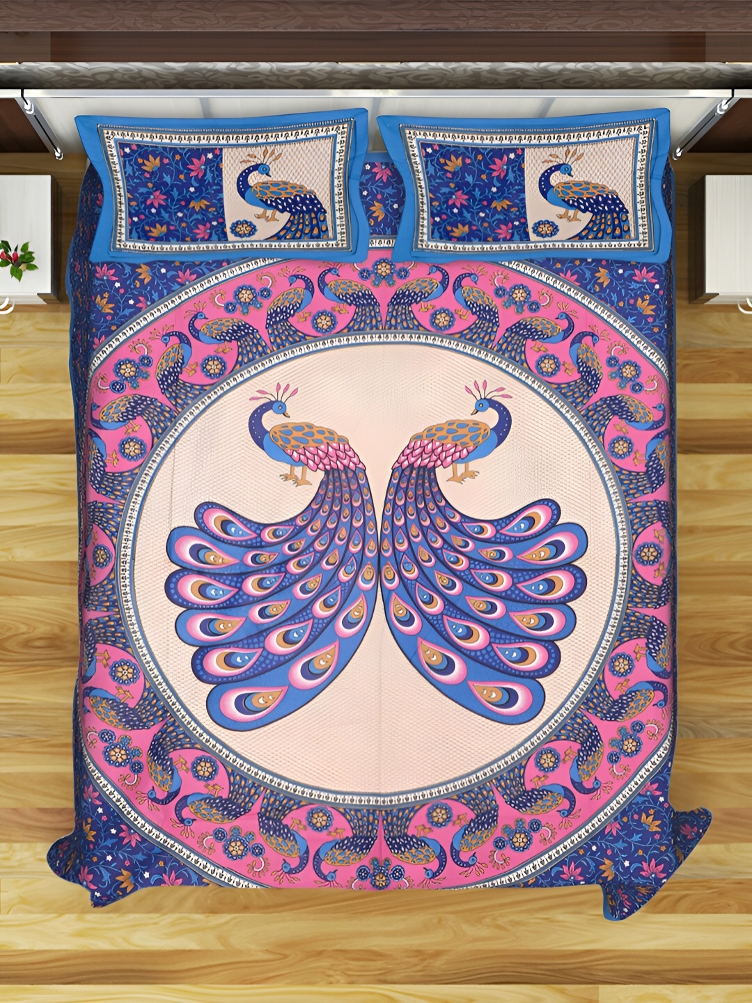 

POORAK Blue & Pink Peacock printed 104 TC Cotton Queen Bedsheet With 2 Pillow Covers
