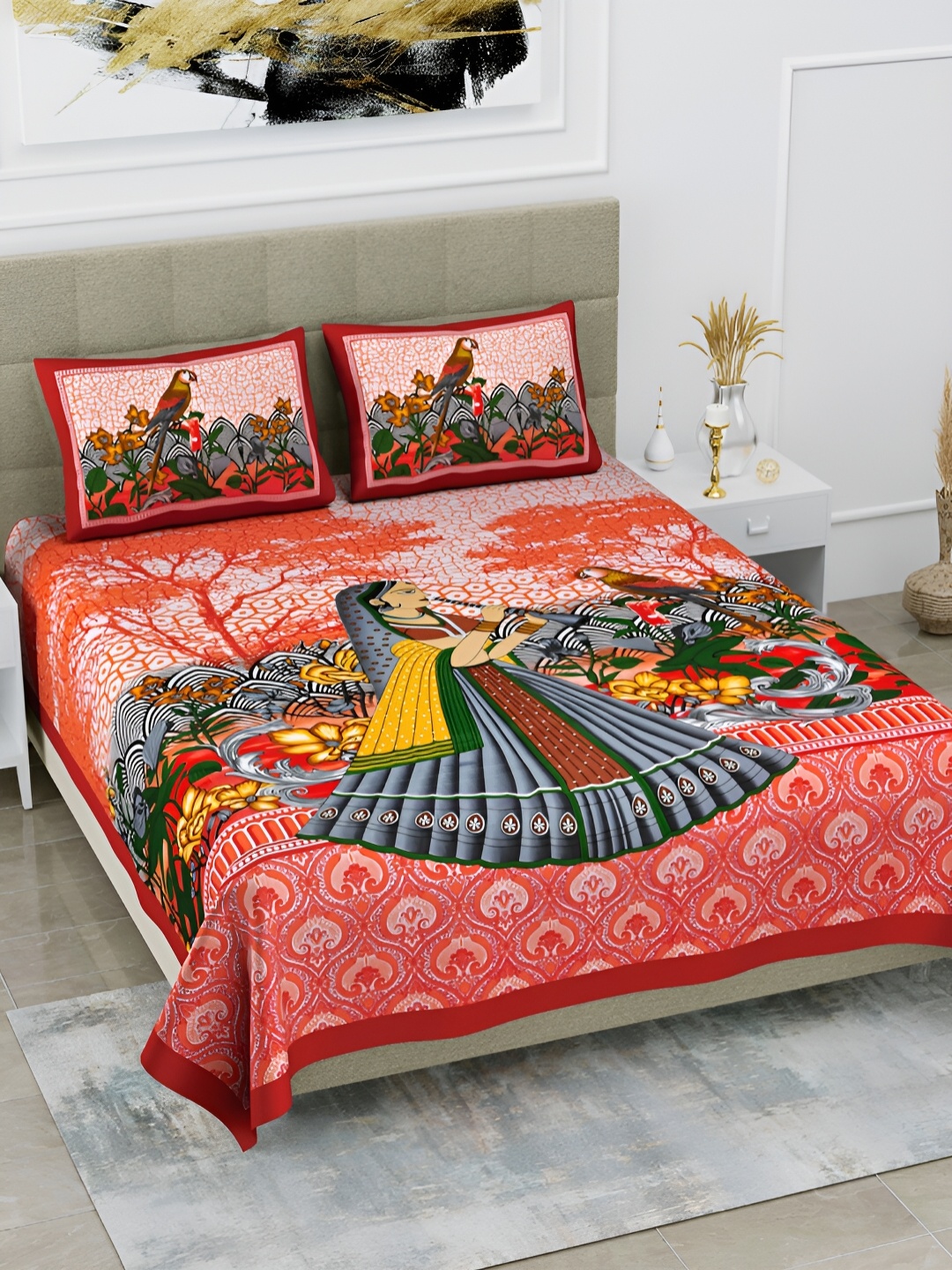 

POORAK Red & Grey Graphic Cotton 104 TC Queen Bedsheet with 2 Pillow Covers