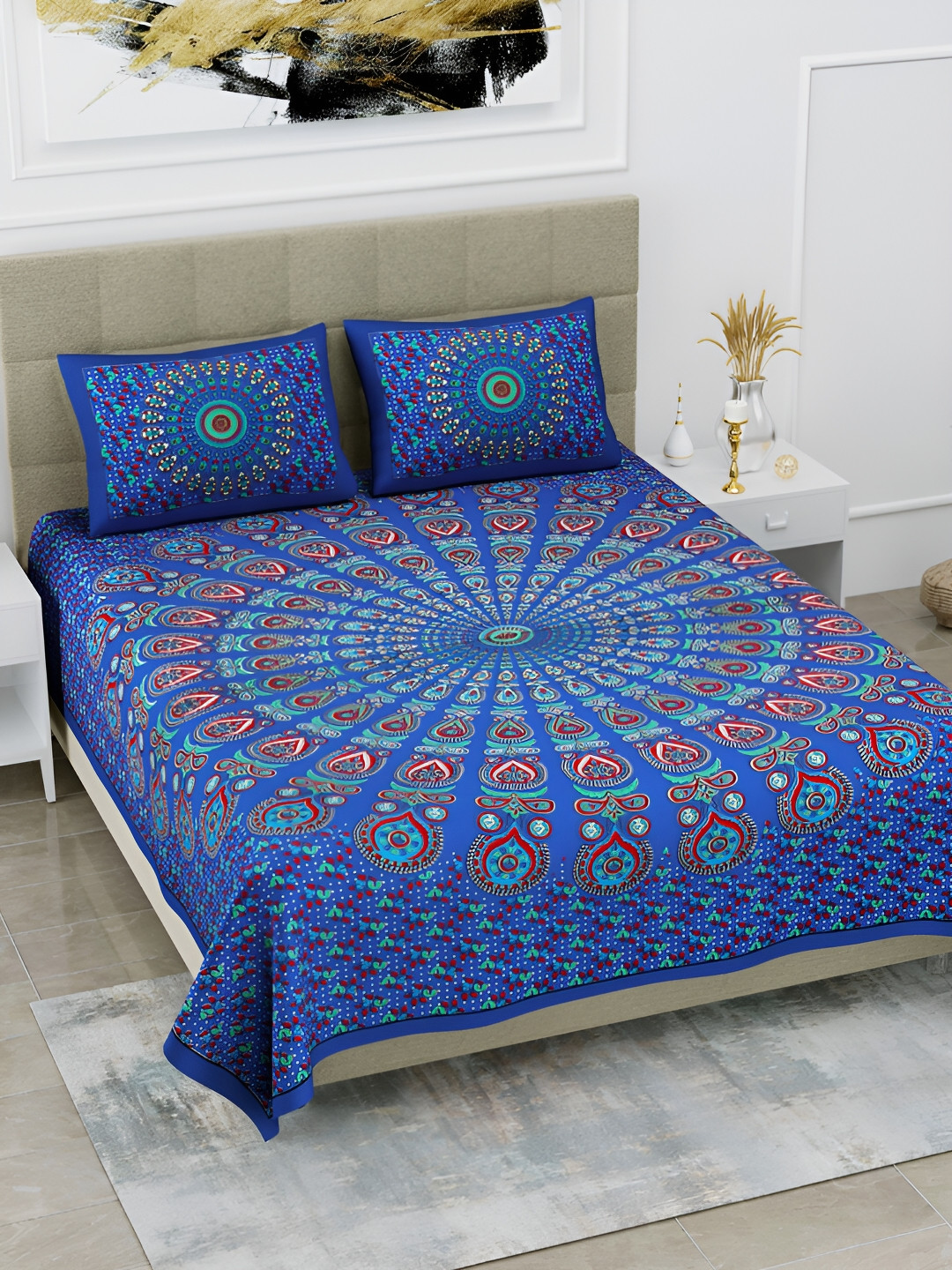 

POORAK Blue & Red Ethnic Motifs 104 TC Cotton Queen Bedsheet With 2 Pillow Covers