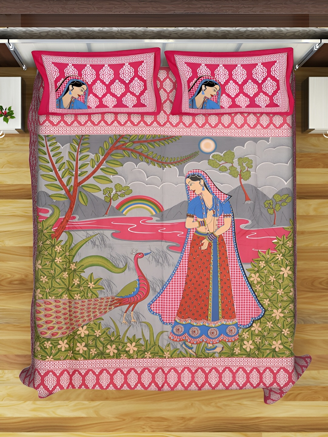 

POORAK Pink & Green Graphic Cotton 104 TC Queen Bedsheet with 2 Pillow Covers