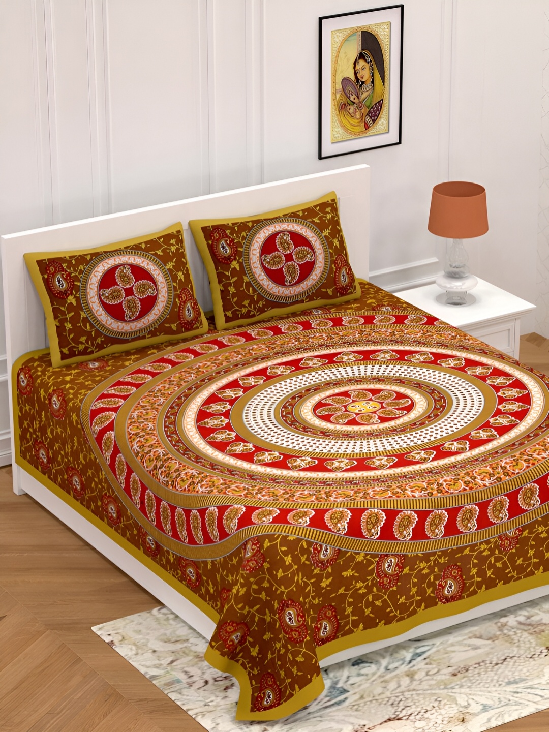 

POORAK Brown & Red Ethnic Motifs 104 TC Cotton Queen Bedsheet With 2 Pillow Covers